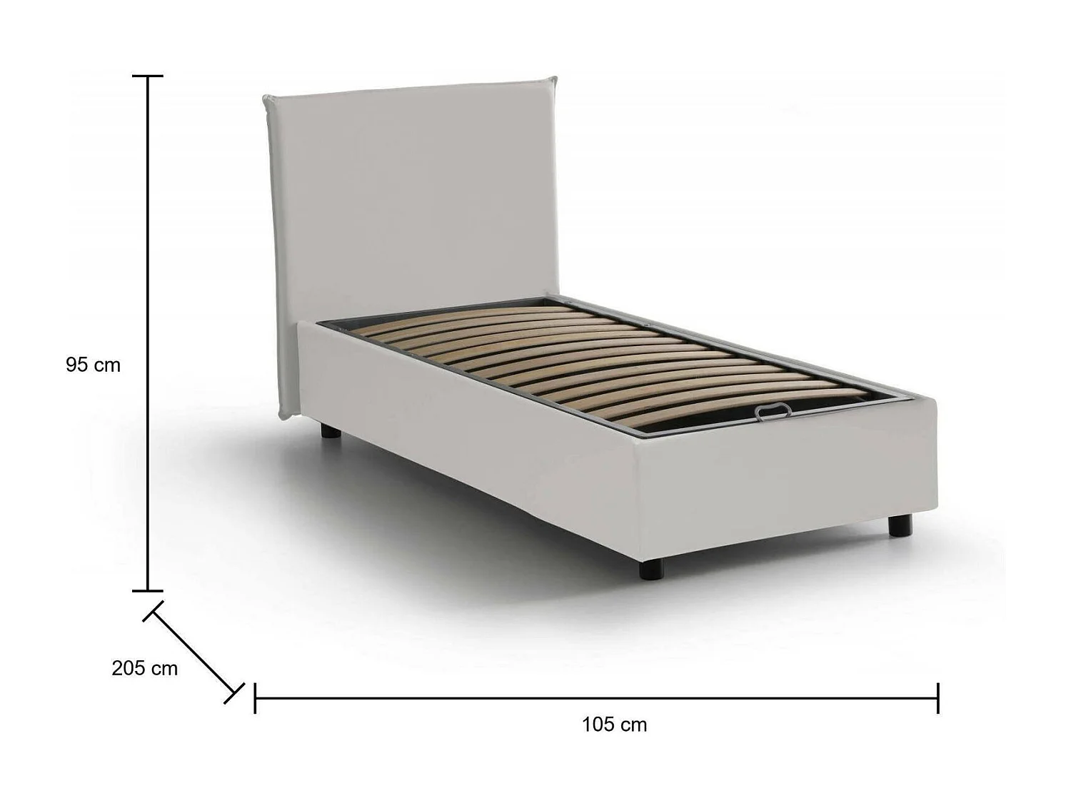 Cama individual Celestina, Cama contenedor con tapizado en ecopiel, 100% Made in Italy, Apertura frontal, Apto para colchón de 90x190 cm, Blanco