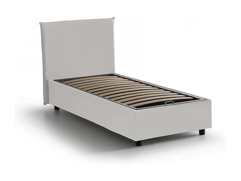 Letto singolo Celestina, Letto contenitore con rivestimento in ecopelle, 100% Made in Italy, Apertura frontale, adatto per materasso Cm 90x190, Bianco