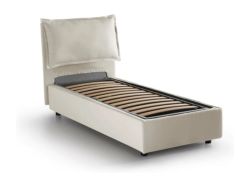 Cama de solteiro Carla, Cama de armazenamento com forro de tecido, 100% Fabricado na Itália, Abertura frontal, adequada para colchão de 90x200 cm, Bege