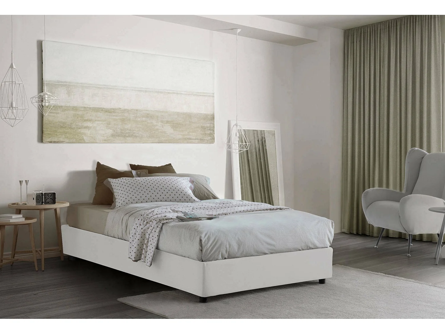 Cama doble Rebecca, Cama contenedor con revestimiento de tela, 100% Made in Italy, Apertura frontal, con colchón de 120x200 cm incluido, Blanco