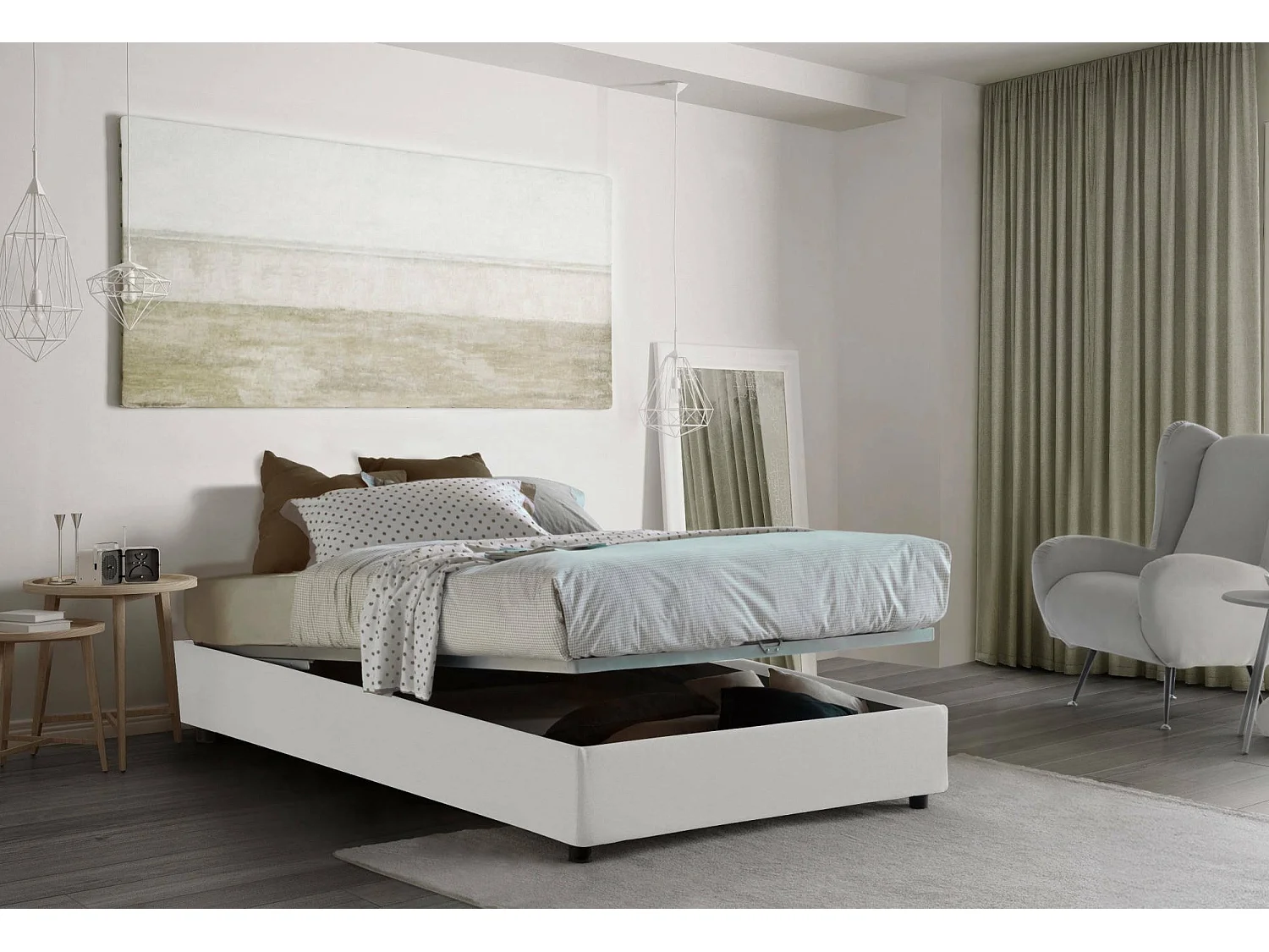 Cama doble Rebecca, Cama contenedor con revestimiento de tela, 100% Made in Italy, Apertura frontal, con colchón de 120x200 cm incluido, Blanco