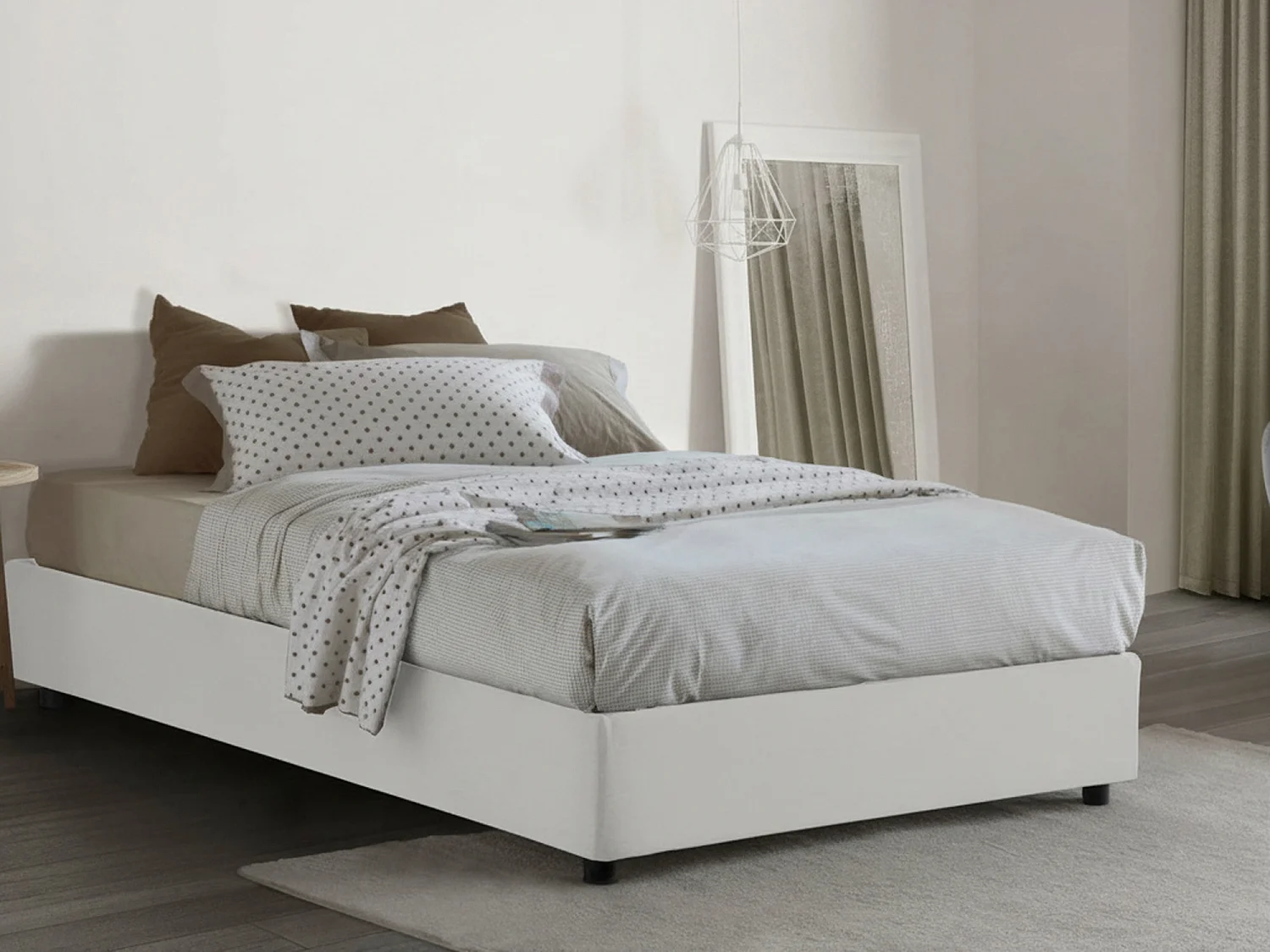 Letto piazza e mezza Rebecca, Letto contenitore con rivestimento in tessuto, 100% Made in Italy, Apertura frontale, con materasso Cm 120x200 incluso, Bianco