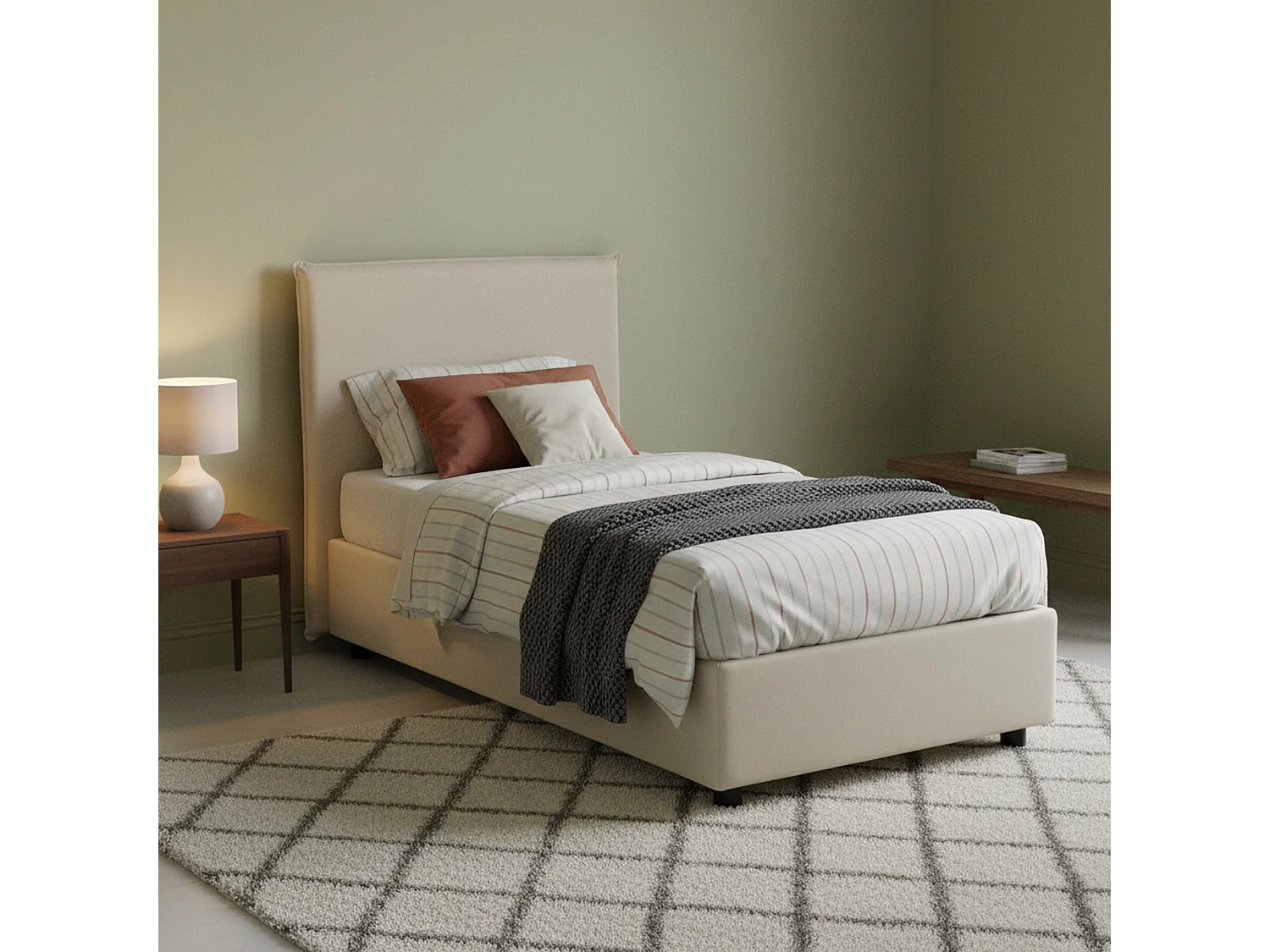 Lit simple Cira, Lit coffre avec revêtement en tissu, 100% Made in Italy, Ouverture frontale, adapté pour matelas 90x200 cm, Beige