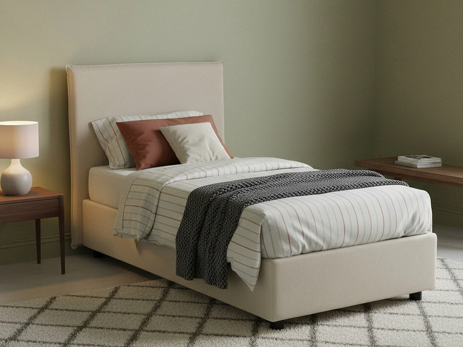 Lit simple Cira, Lit coffre avec revêtement en tissu, 100% Made in Italy, Ouverture frontale, adapté pour matelas 90x200 cm, Beige