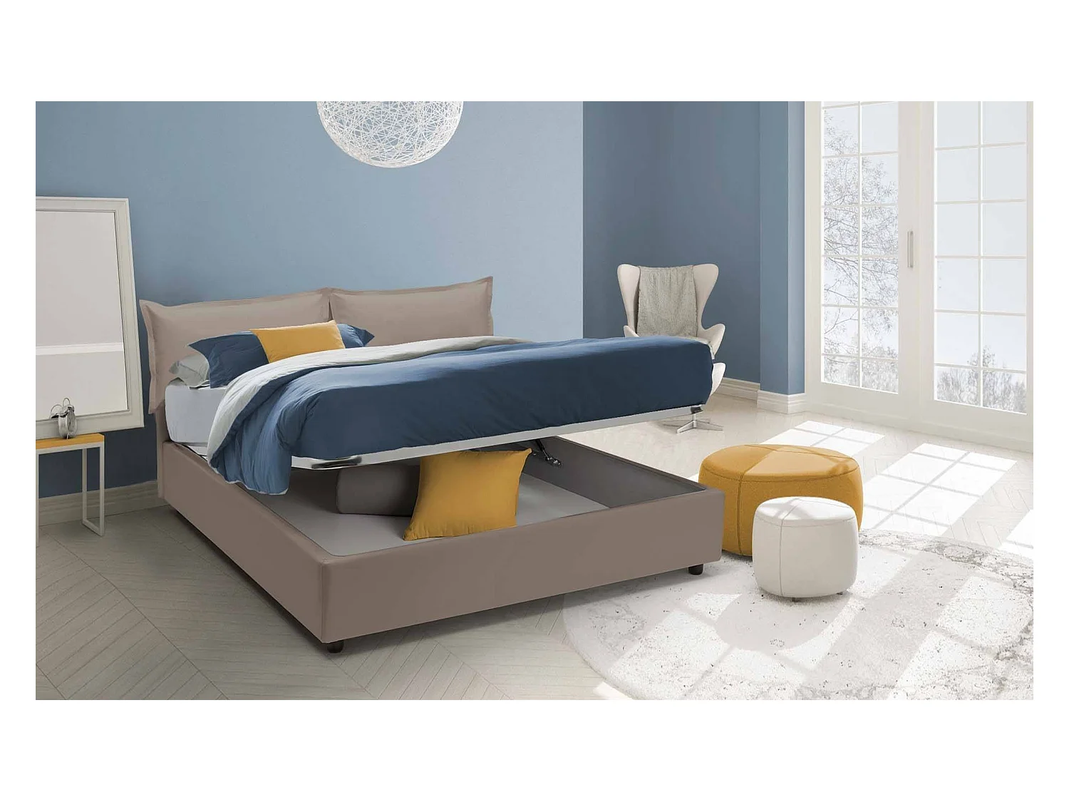 Fatima tweepersoonsbed, Opbergbed met bekleding van eco-leer, 100% Made in Italy, Opening aan de voorkant, inclusief matras van 140x200 cm, Taupe