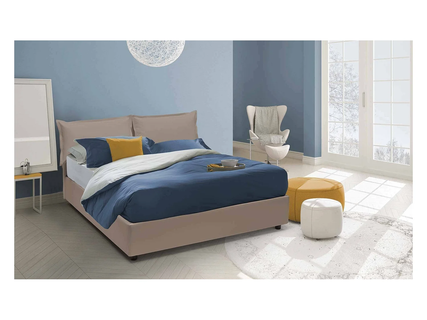 Fatima tweepersoonsbed, Opbergbed met bekleding van eco-leer, 100% Made in Italy, Opening aan de voorkant, inclusief matras van 140x200 cm, Taupe