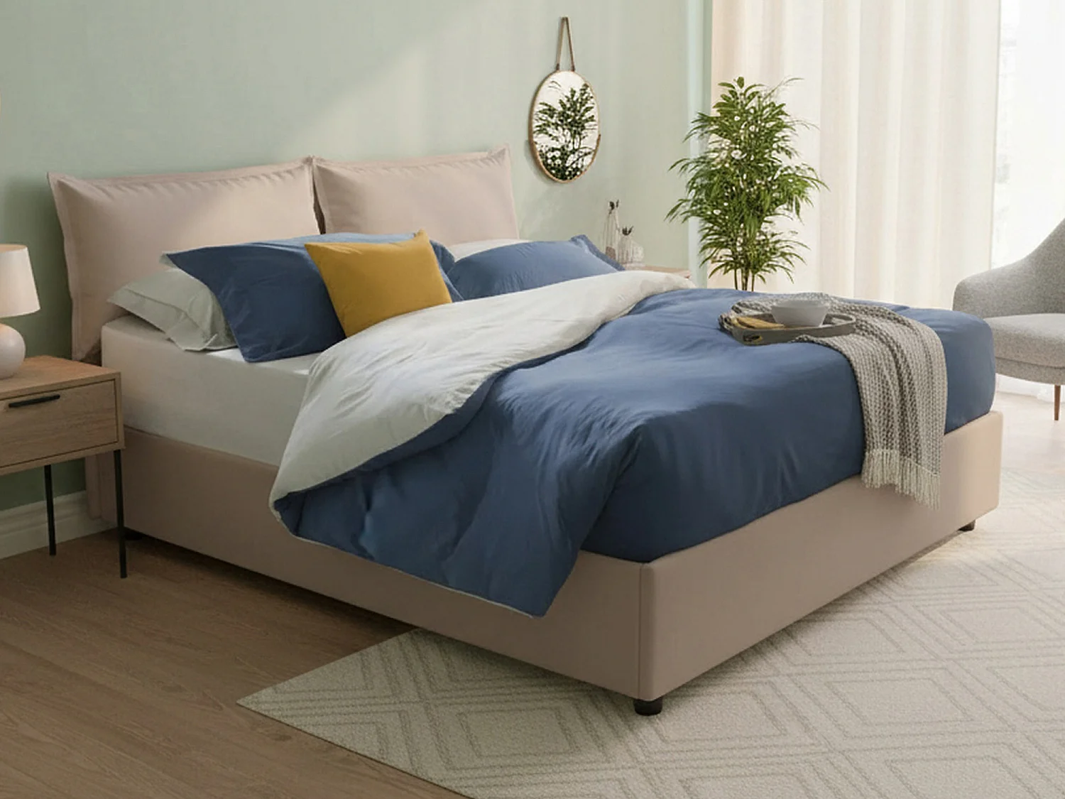 Italia Tweepersoonsbed Fatima Grijs Beige Inclusief Matras, Afneembaar, Opslagruimte Made in Italy