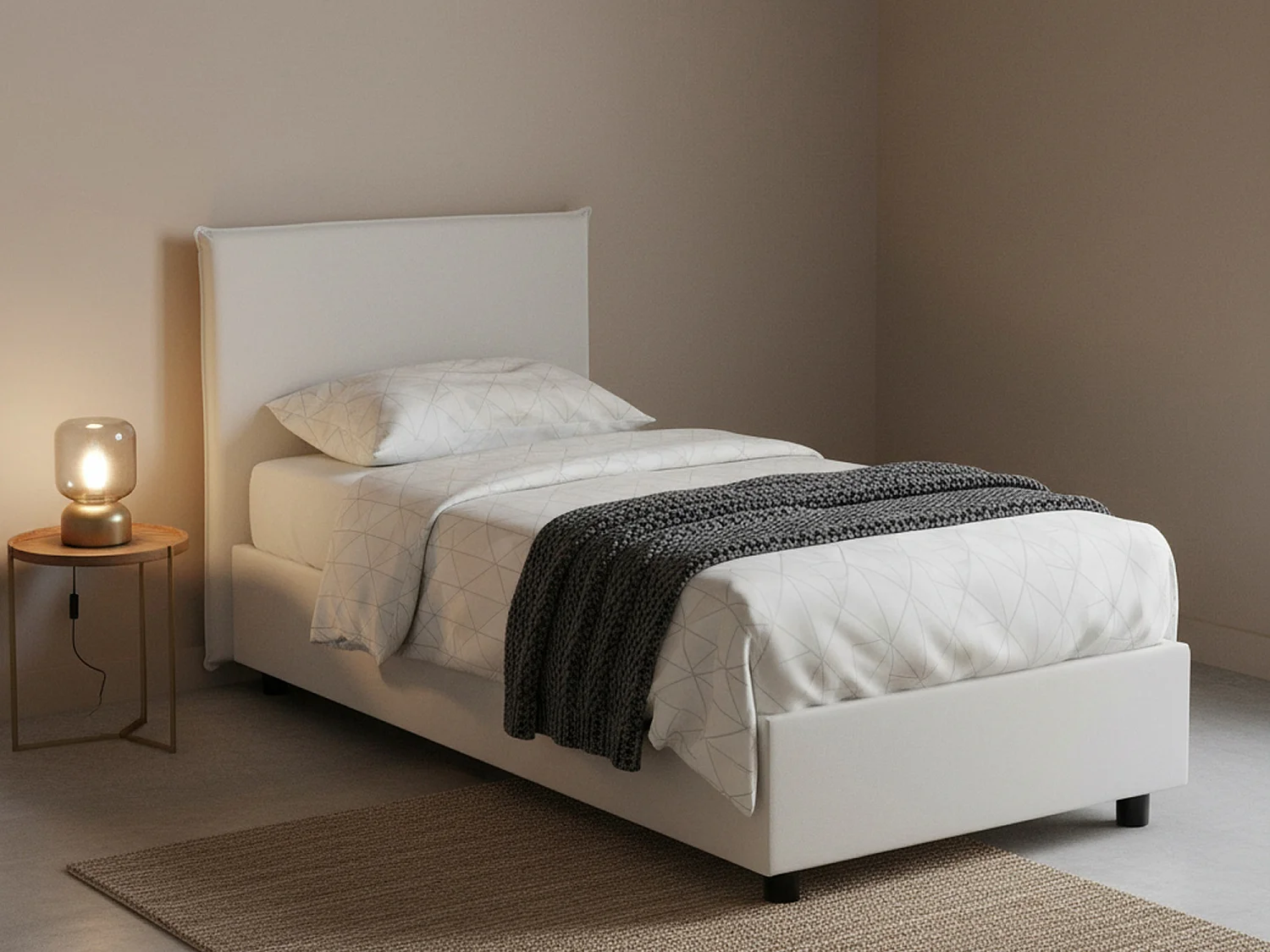 Letto singolo Brunilde, Letto contenitore con rivestimento in ecopelle, 100% Made in Italy, Apertura laterale, adatto per materasso Cm 80x190, Bianco