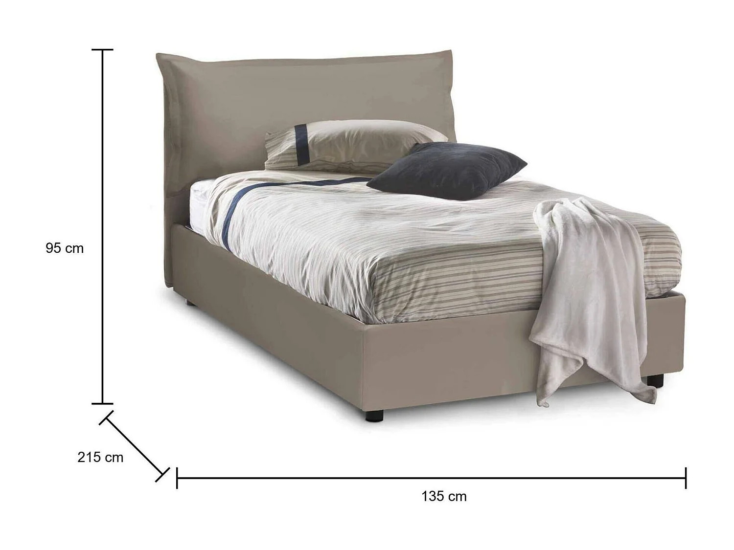 Letto piazza e mezza Olivia, Letto contenitore con rivestimento in ecopelle, 100% Made in Italy, Apertura frontale, adatto per materasso Cm 120x200, Tortora