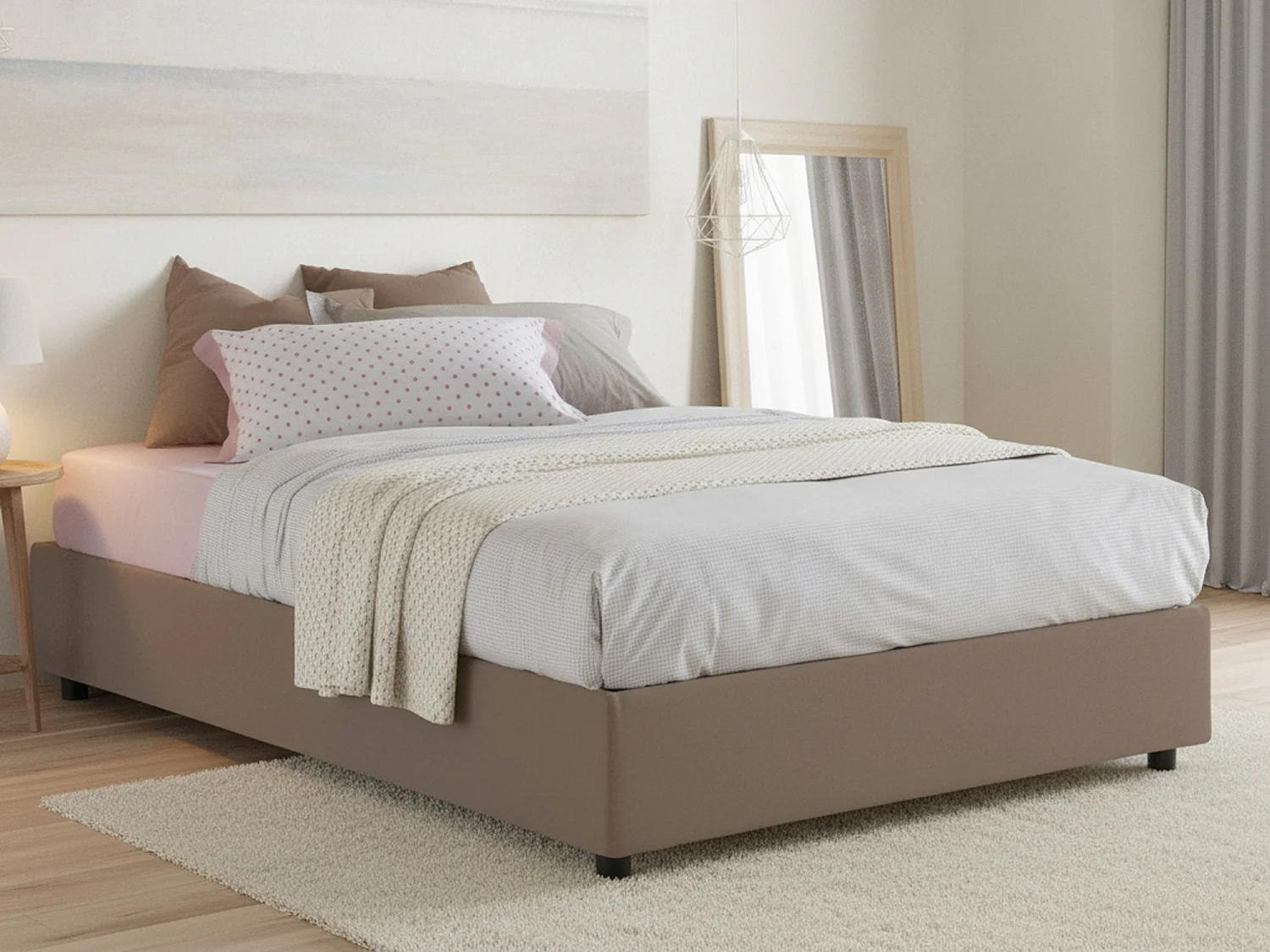 Lit double Gioia, Lit coffre avec revêtement en tissu, 100% Made in Italy, Ouverture frontale, avec matelas 140x200 cm inclus, Taupe