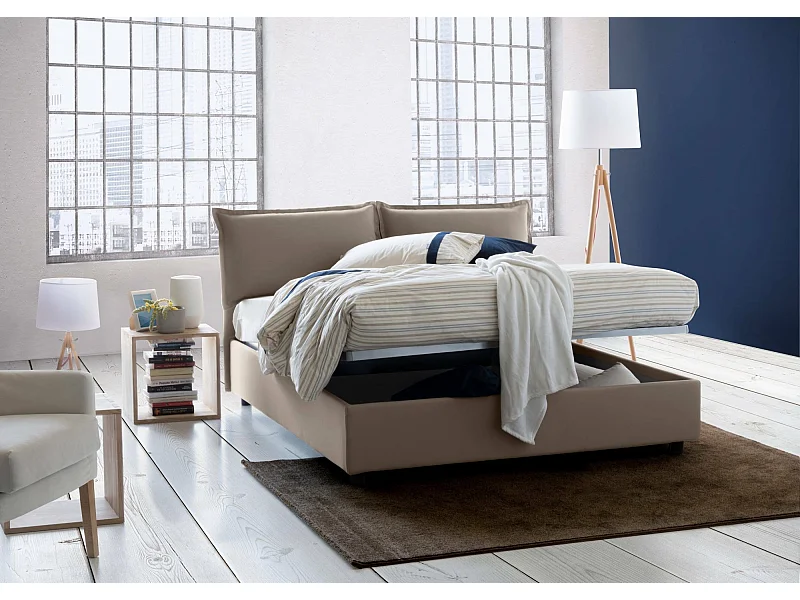 Lit double Sabrina, Lit coffre avec revêtement en tissu, 100% Made in Italy, Ouverture frontale, avec matelas 160x200 cm inclus, Taupe