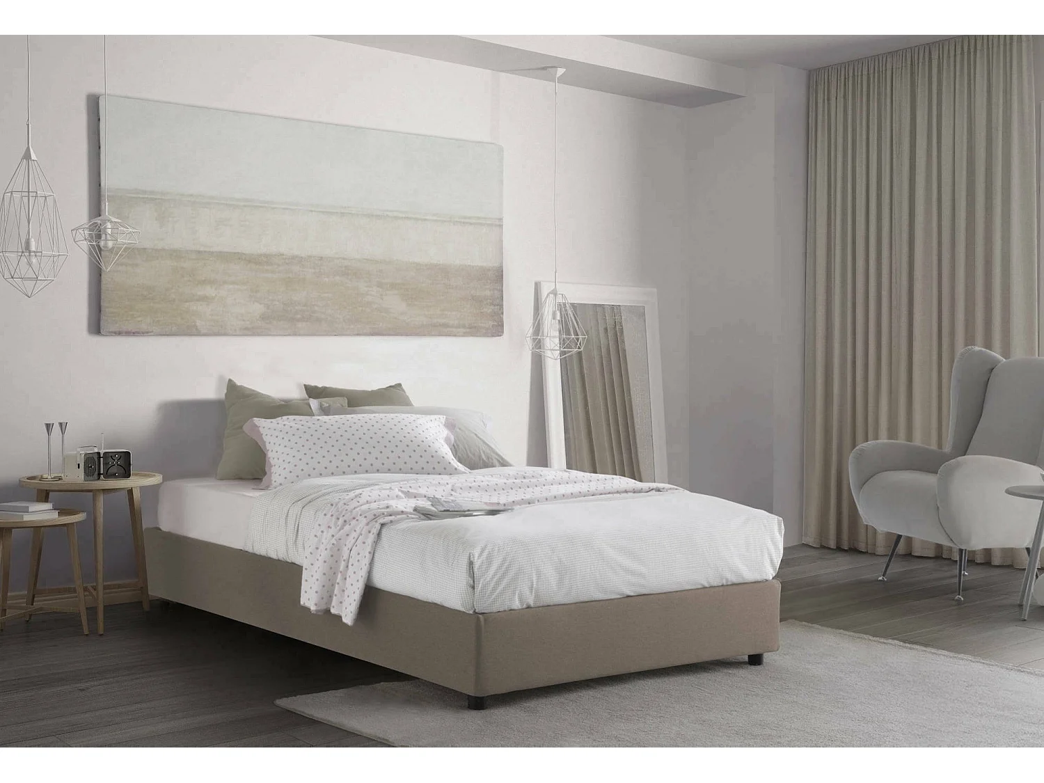 Lit double Chiara, Lit coffre avec revêtement en tissu, 100% Made in Italy, Ouverture frontale, avec matelas 120x190 cm inclus, Taupe