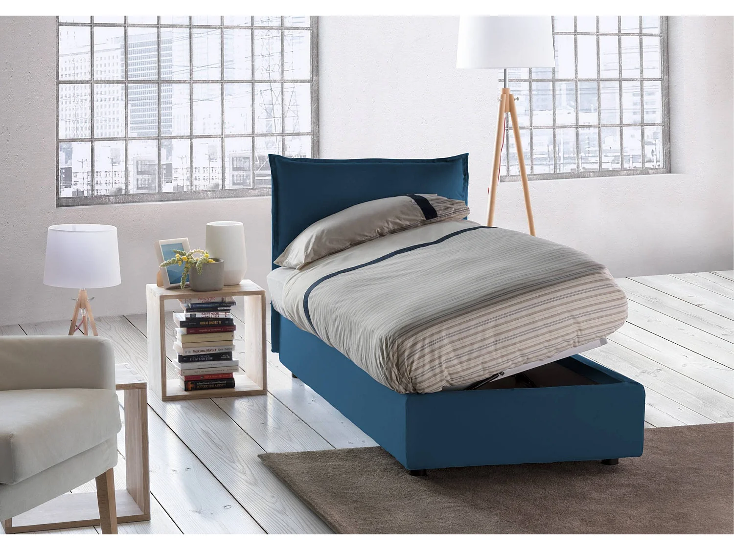 Roberta eenpersoonsbed, Opbergbed met stoffen bekleding, 100% Made in Italy, Zijopening, inclusief matras van 80x190 cm, Blauw
