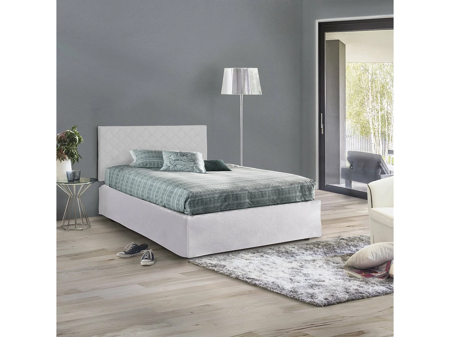Lit double Cleide, ensemble tête de lit en éco-cuir avec sommier orthopédique et cantonnière, 100% Made in Italy, avec matelas inclus, 120x190 cm, Blanc