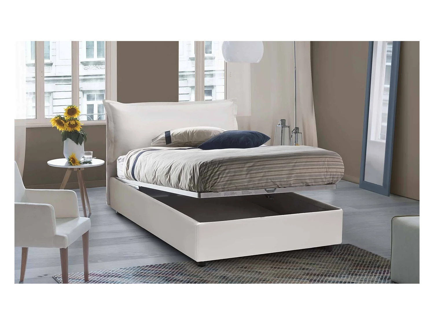 Lit double Clara, Lit coffre avec revêtement en éco-cuir, 100% Made in Italy, Ouverture frontale, avec matelas 120x190 cm inclus, Blanc