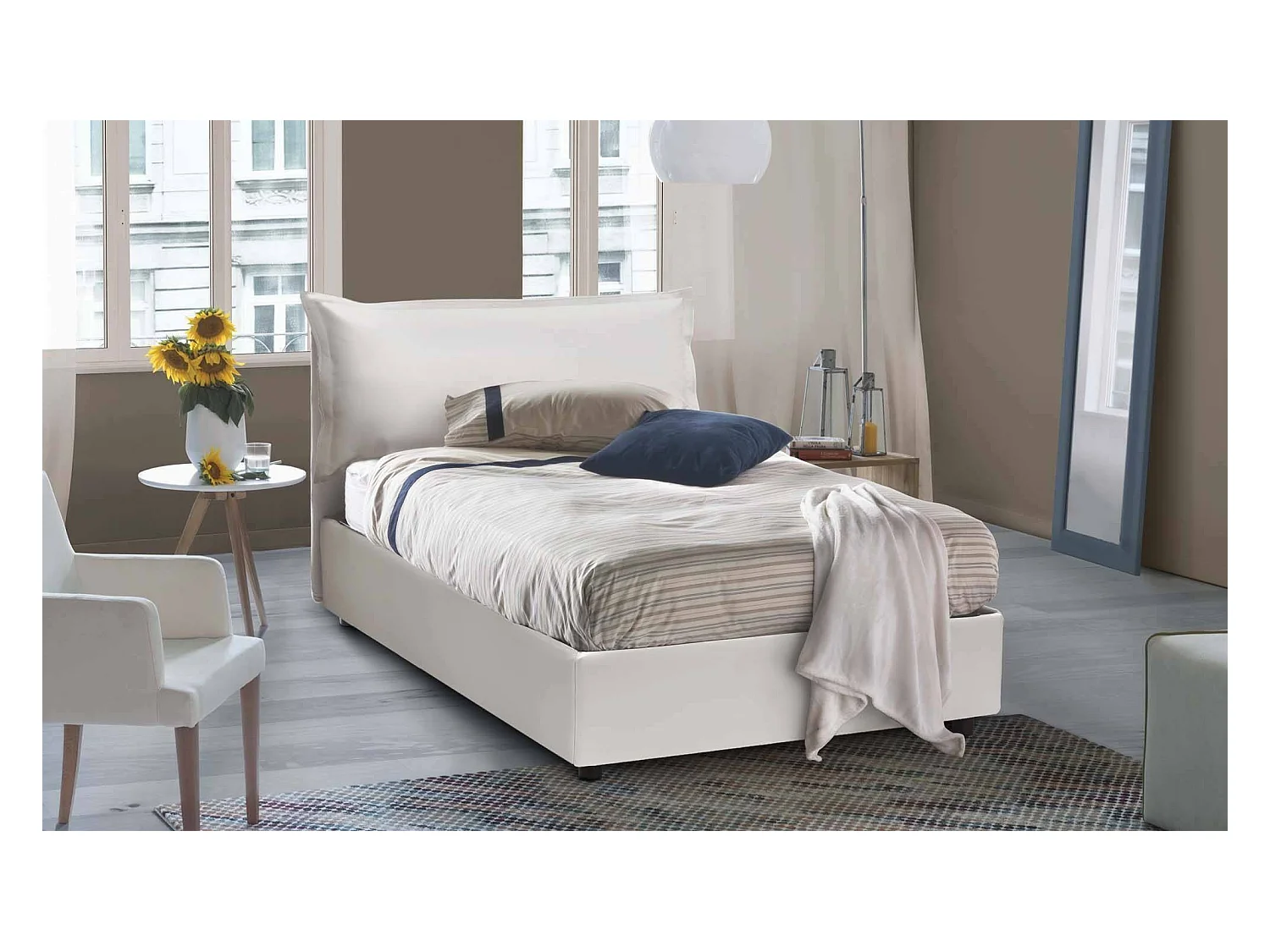 Lit double Clara, Lit coffre avec revêtement en éco-cuir, 100% Made in Italy, Ouverture frontale, avec matelas 120x190 cm inclus, Blanc