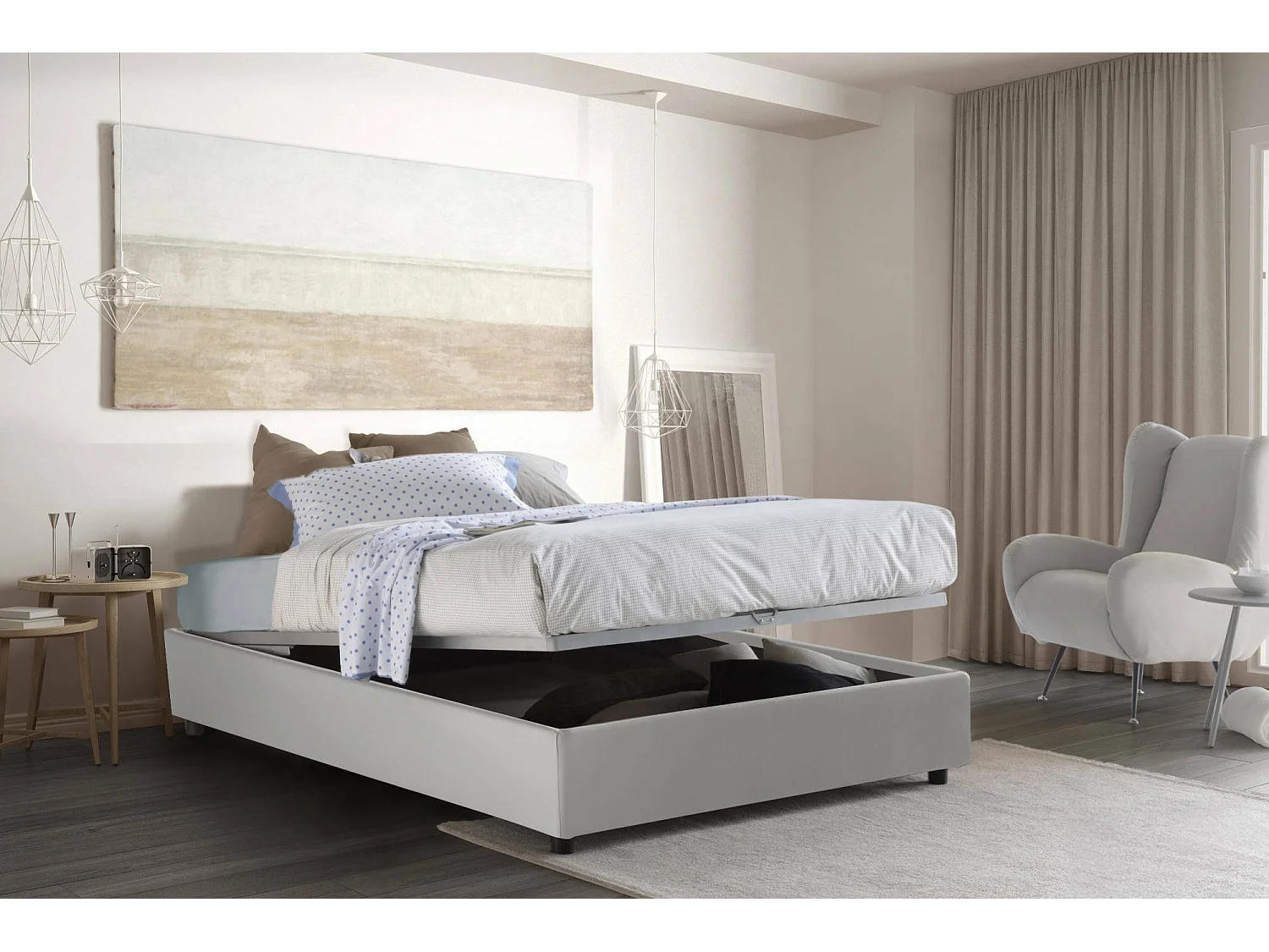 Letto piazza e mezza Sara, Letto contenitore con rivestimento in ecopelle, 100% Made in Italy, Apertura frontale, con materasso Cm 120x200 incluso, Bianco