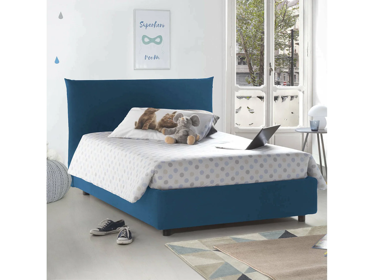 Lit double Ornella, Lit coffre avec revêtement en tissu, 100% Made in Italy, Ouverture frontale, adapté pour matelas 120x190 cm, Bleu