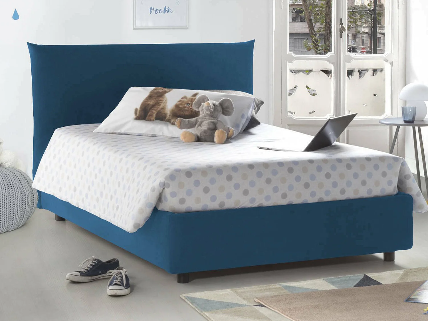 Lit double Ornella, Lit coffre avec revêtement en tissu, 100% Made in Italy, Ouverture frontale, adapté pour matelas 120x190 cm, Bleu