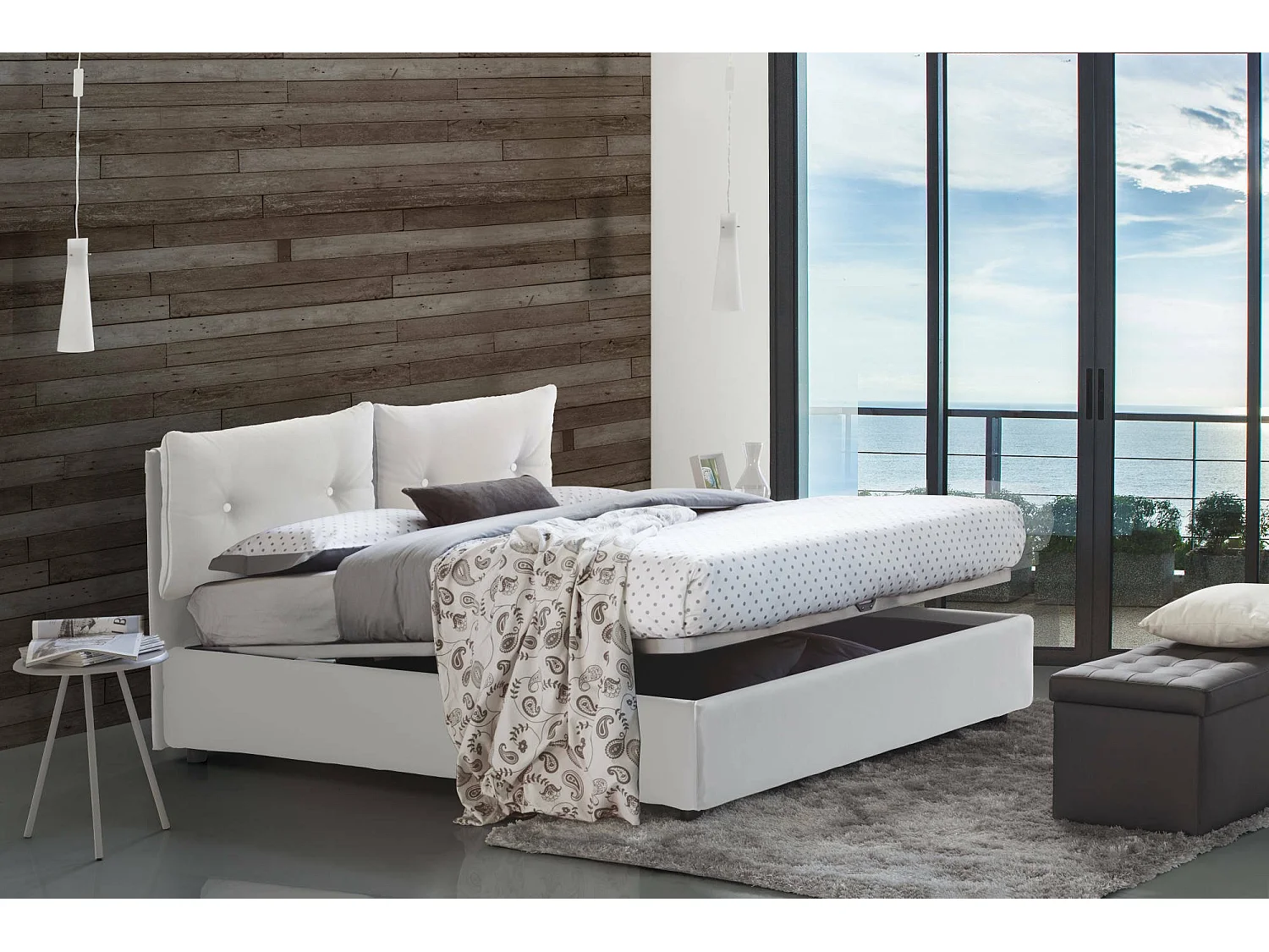 Lit double Morena, Lit coffre avec revêtement en éco-cuir, 100% Made in Italy, Ouverture frontale, avec matelas 160x200 cm inclus, Blanc