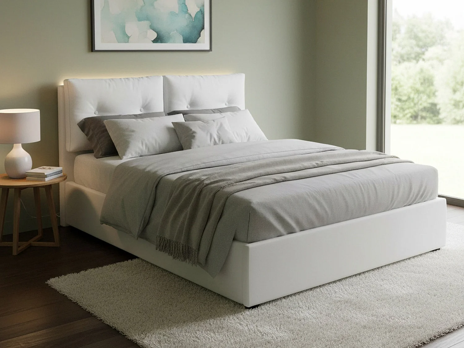 Cama de casal Morena, Cama arrumação com forro de couro ecológico, 100% Fabricado na Itália, Abertura frontal, com colchão 160x200 cm incluído, Branco