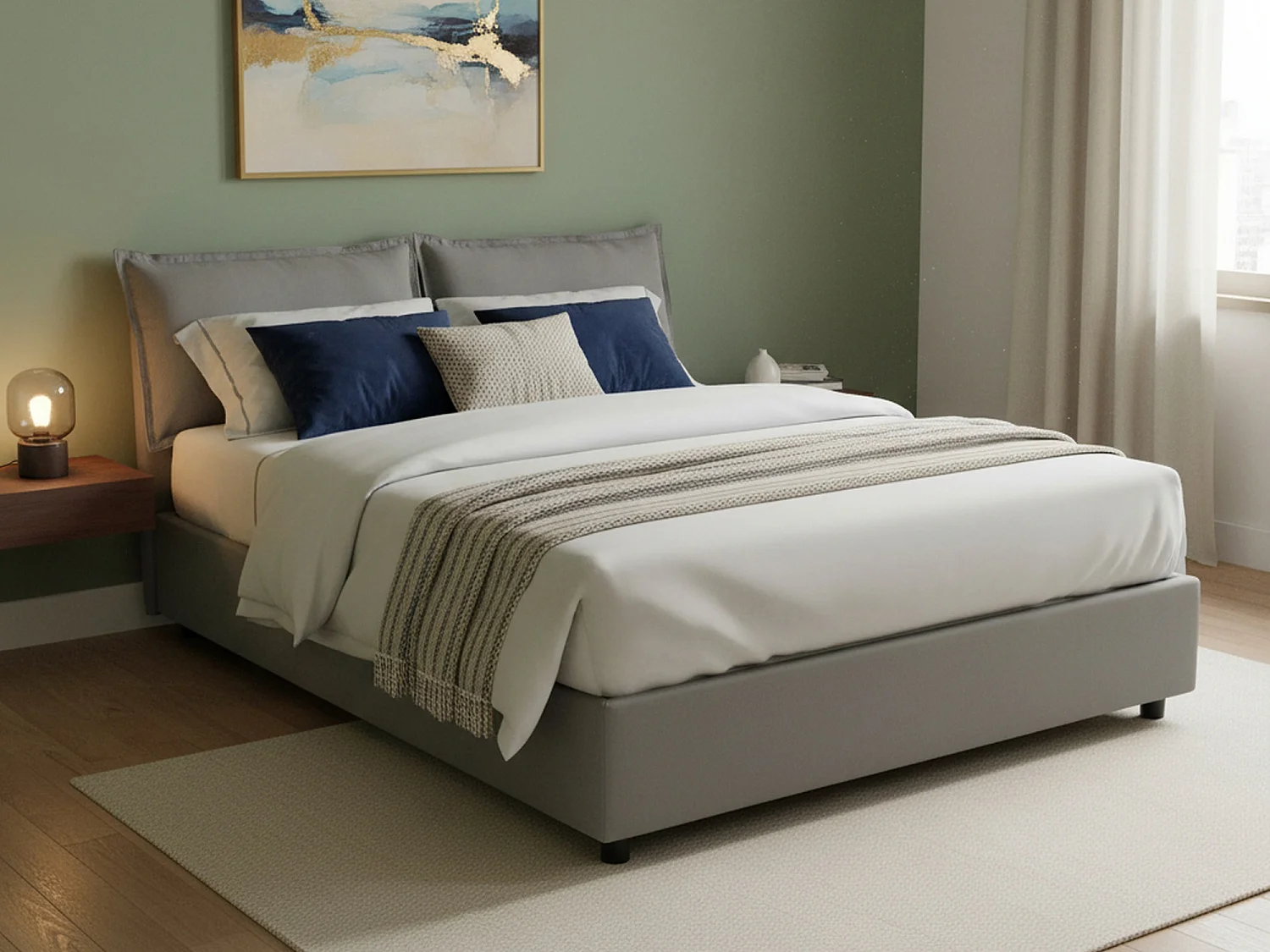 Talamo Italia Tweepersoonsbed Denise Grijs Inclusief Matras, Afneembaar, Met Opbergruimte Made in Italy