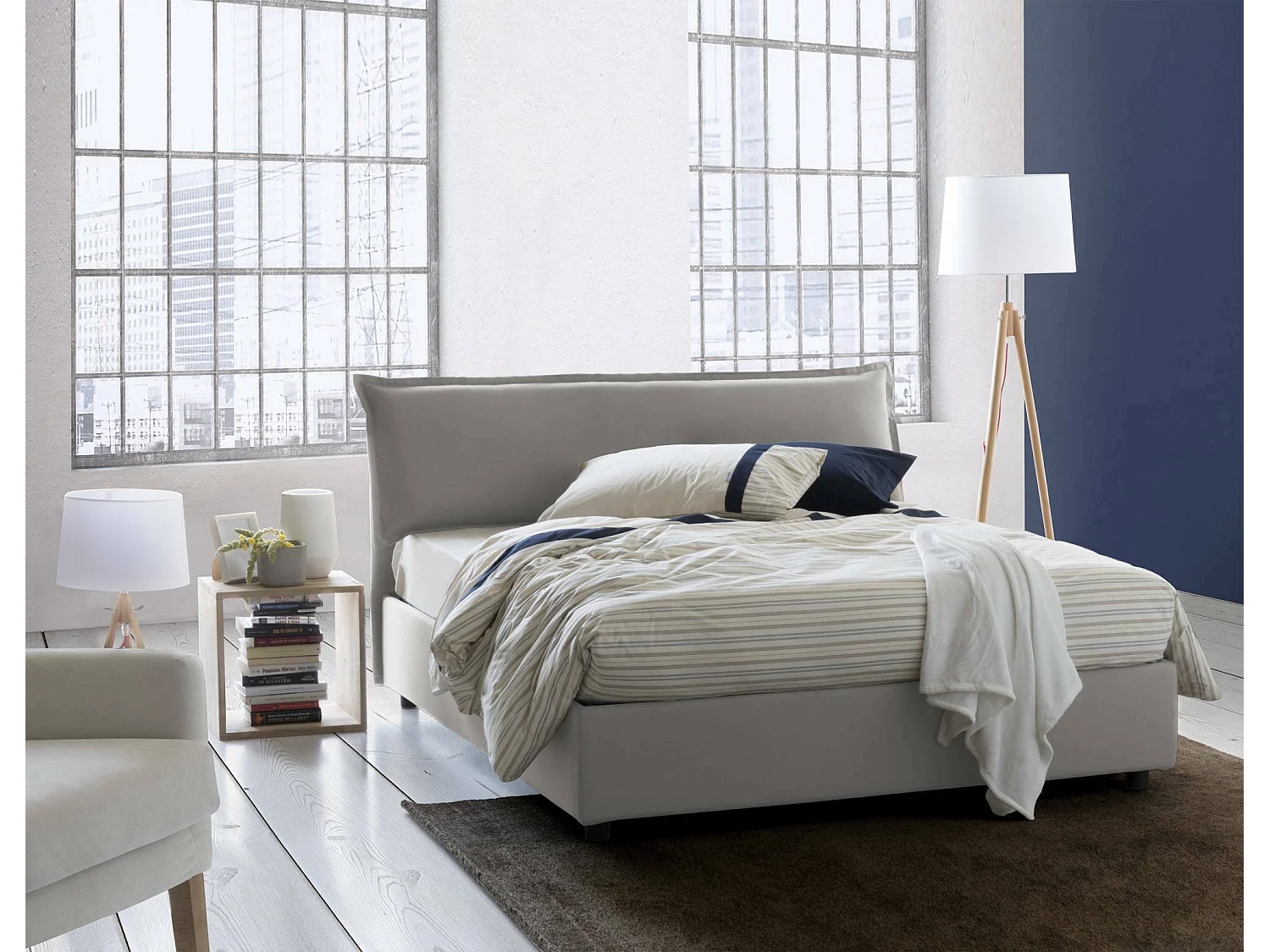 Doppelbett Clorinda, Containerbett mit abnehmbarem Bezug mit gepolstertem Kopfteil und Bettrahmen, 100%  Italy, inklusive Matratze 160 x 200 cm, Grau