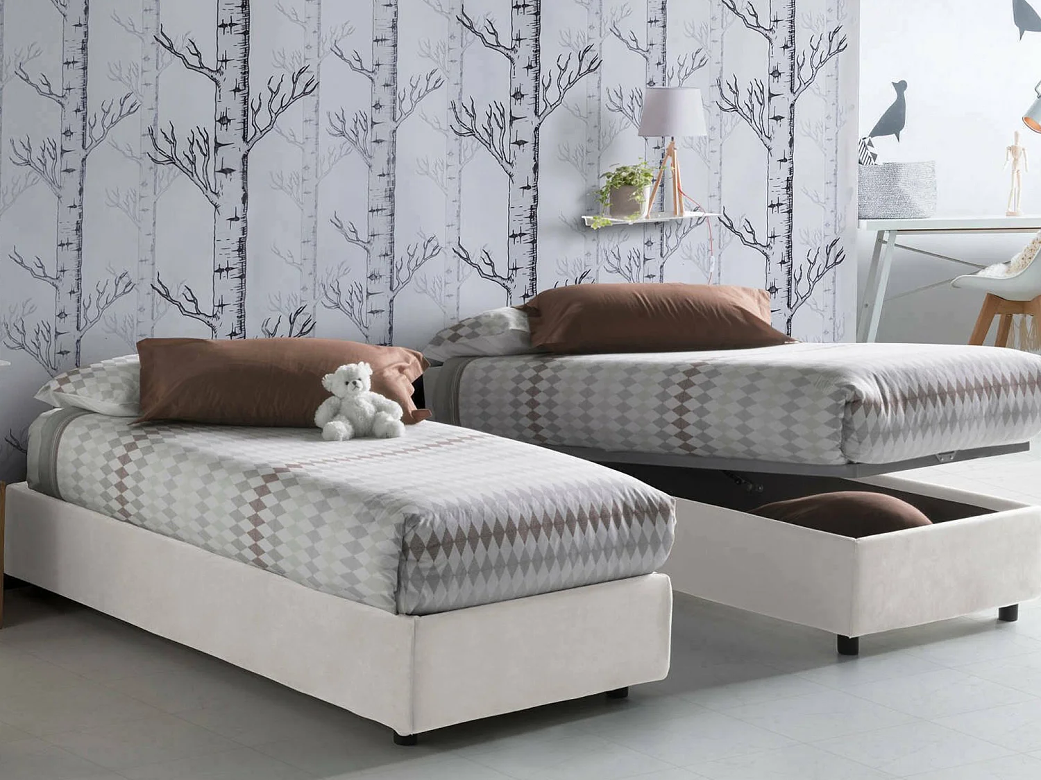 Letto singolo Ilaria, Letto contenitore con rivestimento in tessuto, 100% Made in Italy, Apertura frontale, adatto per materasso Cm 90x190, Bianco