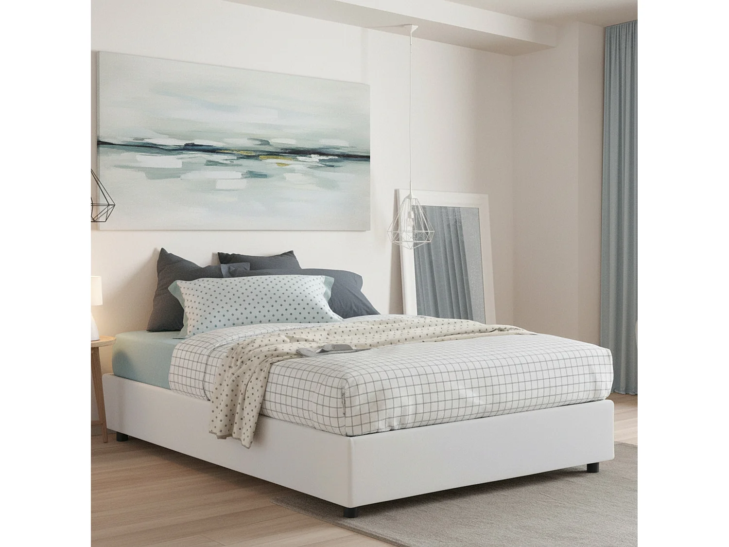 Lit double Adele, Lit coffre avec revêtement en tissu, 100% Made in Italy, Ouverture frontale, avec matelas 140x190 cm inclus, Blanc