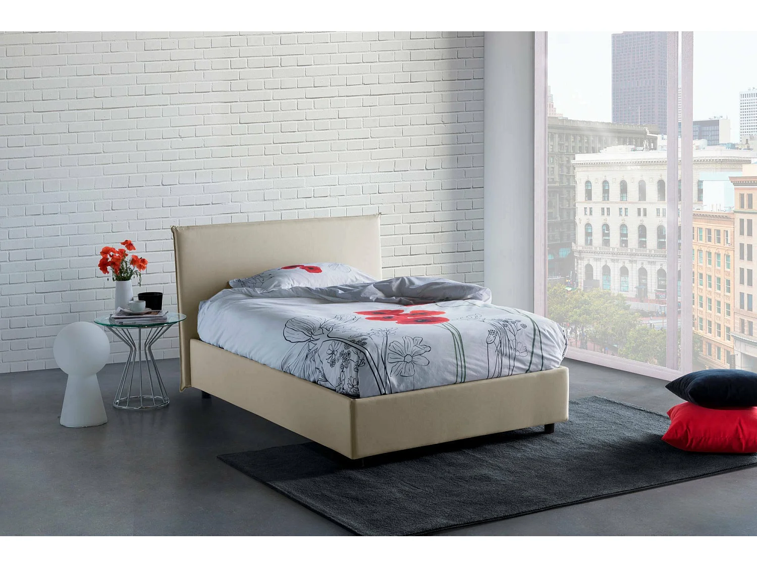 Letto piazza e mezza Astrid, Letto contenitore con rivestimento in tessuto, 100% Made in Italy, Apertura frontale, adatto per materasso Cm 120x200, Beige