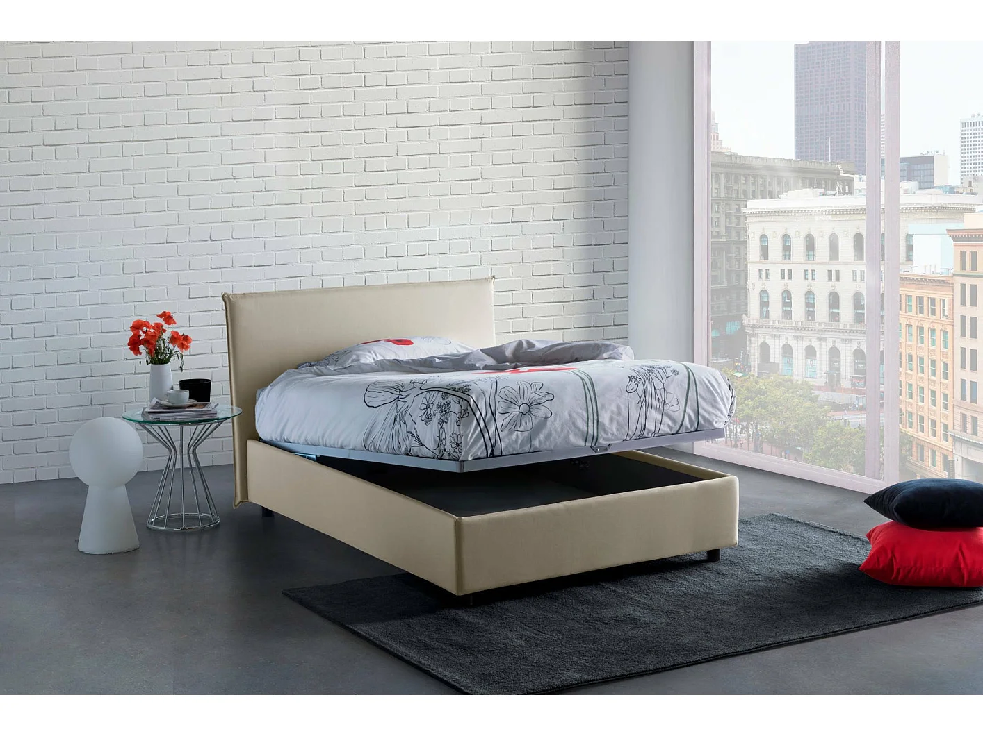 Letto piazza e mezza Astrid, Letto contenitore con rivestimento in tessuto, 100% Made in Italy, Apertura frontale, adatto per materasso Cm 120x200, Beige