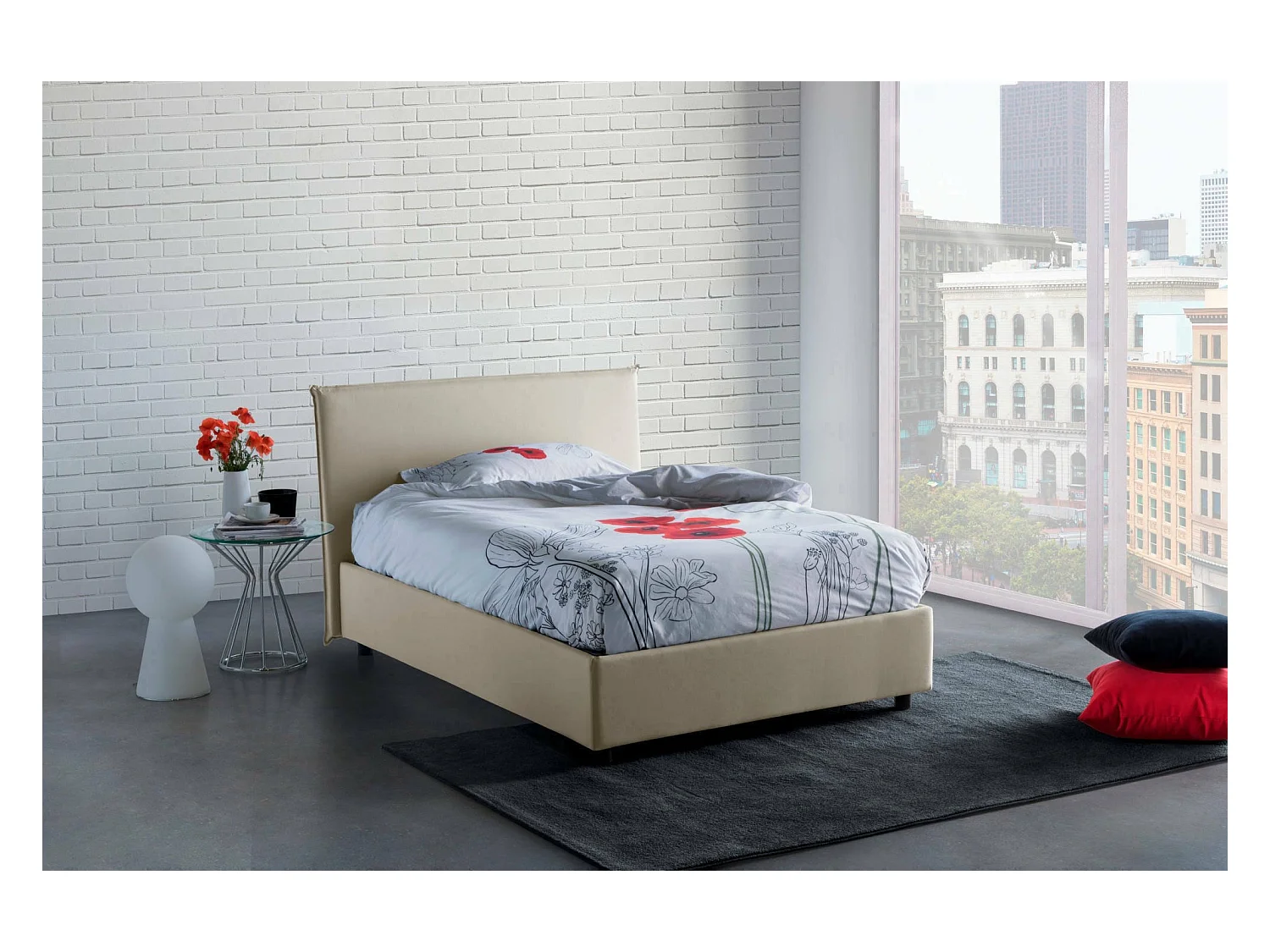 Asmara Doppelbett, Bettkasten mit Stoffbezug, 100 % Made in Italy, Öffnung vorne, inklusive Matratze 120 x 190 cm, Beige