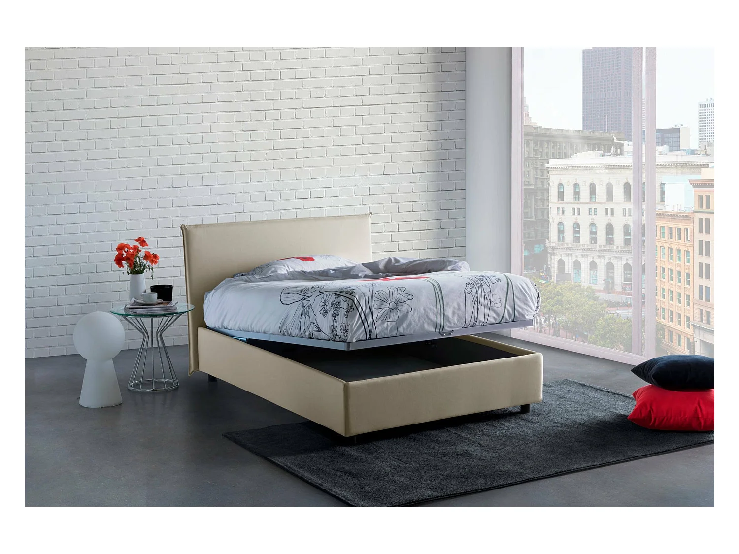 Asmara Doppelbett, Bettkasten mit Stoffbezug, 100 % Made in Italy, Öffnung vorne, inklusive Matratze 120 x 190 cm, Beige