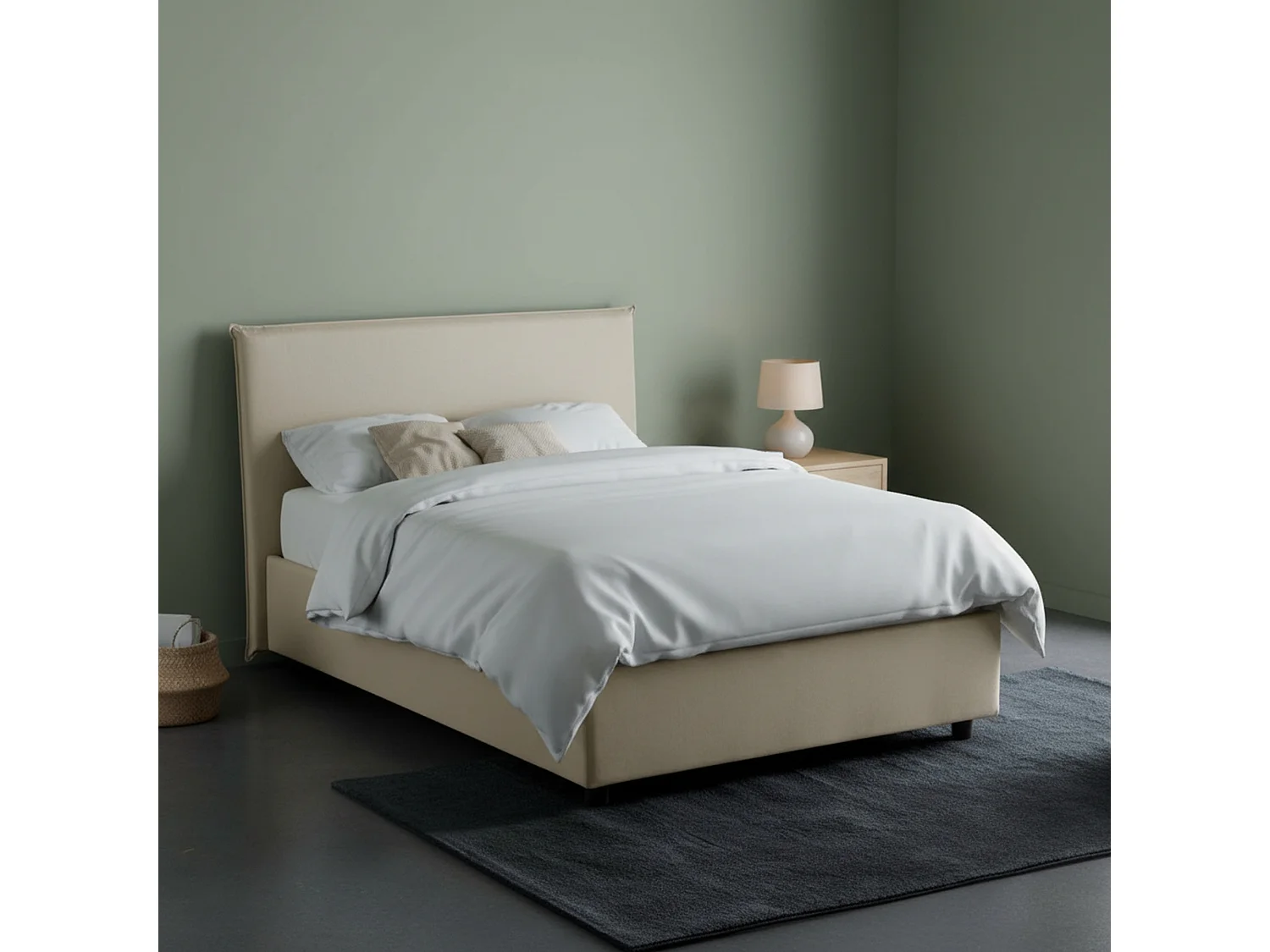 Lit double Asmara, lit coffre avec revêtement en tissu, 100% Made in Italy, ouverture frontale, avec matelas 120x190 cm inclus, Beige