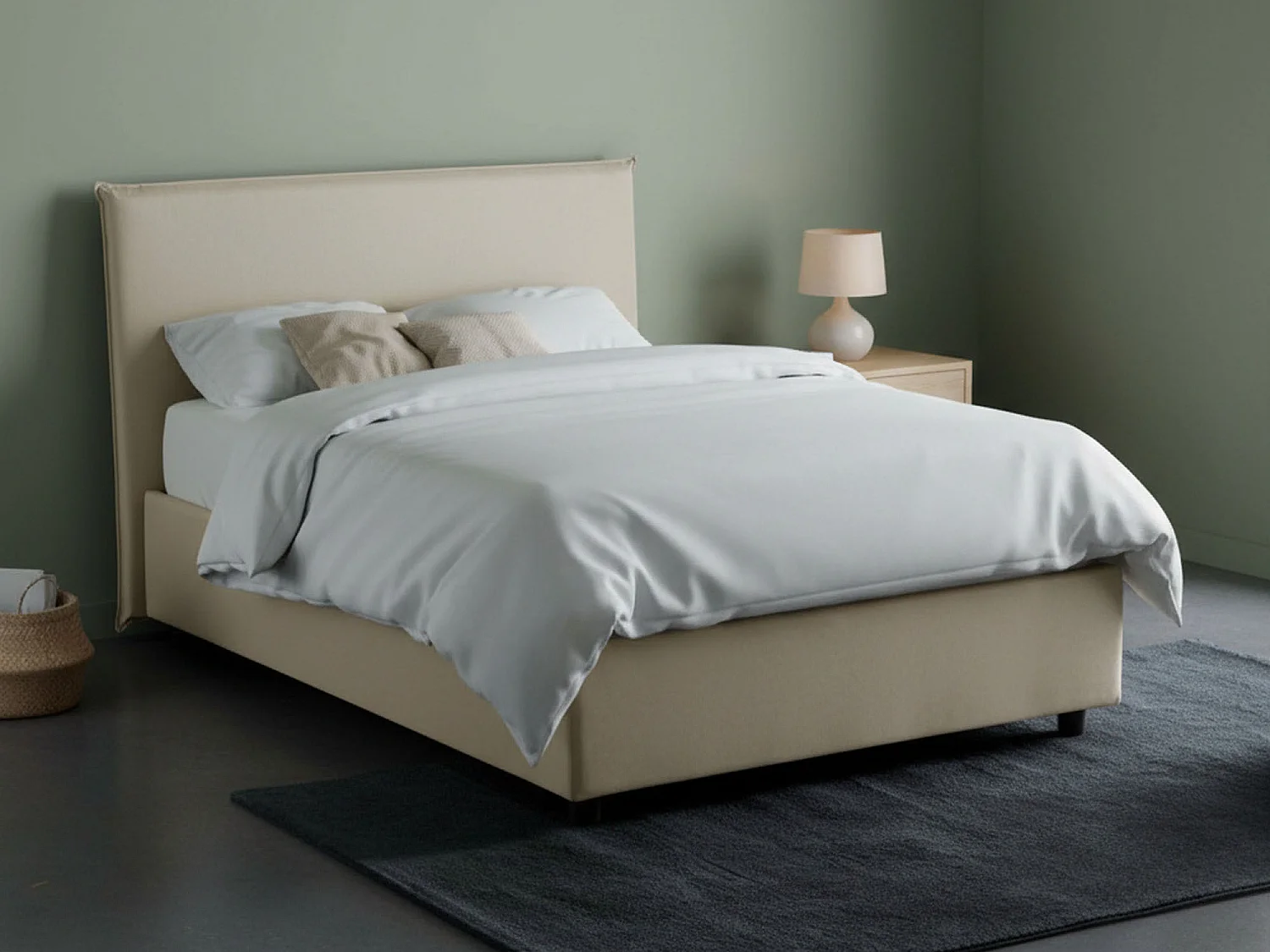 Lit double Asmara, lit coffre avec revêtement en tissu, 100% Made in Italy, ouverture frontale, avec matelas 120x190 cm inclus, Beige