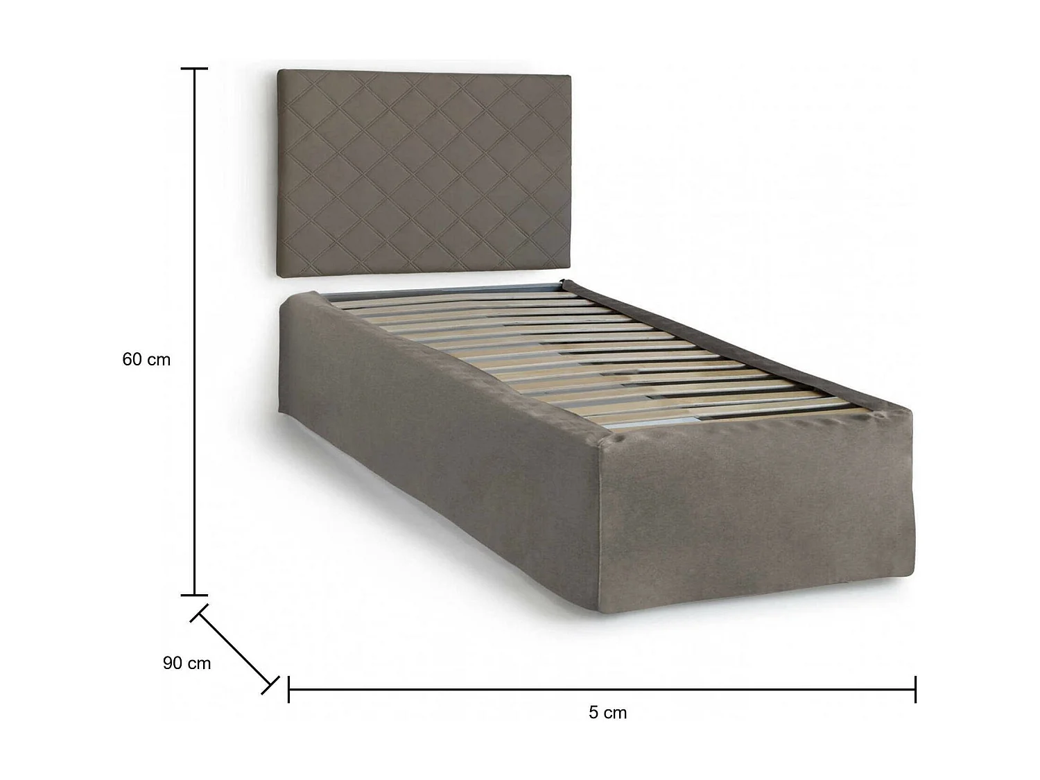 Letto singolo Cleofe, Set testata in ecopelle con rete ortopedica e mantovana, 100% Made in Italy, adatta a letto Singolo, per materasso da Cm 80x190, Tortora