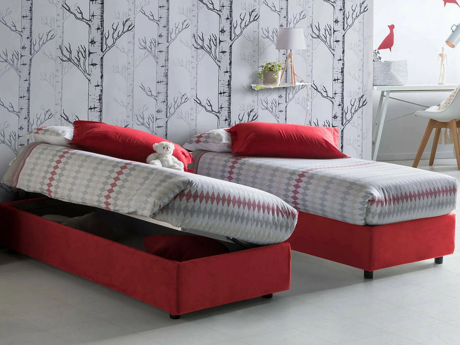 Cama de solteiro Diana, Cama arrumação com forro de tecido, 100% Fabricado na Itália, Abertura lateral, com colchão 80x190 cm incluído, Vermelho