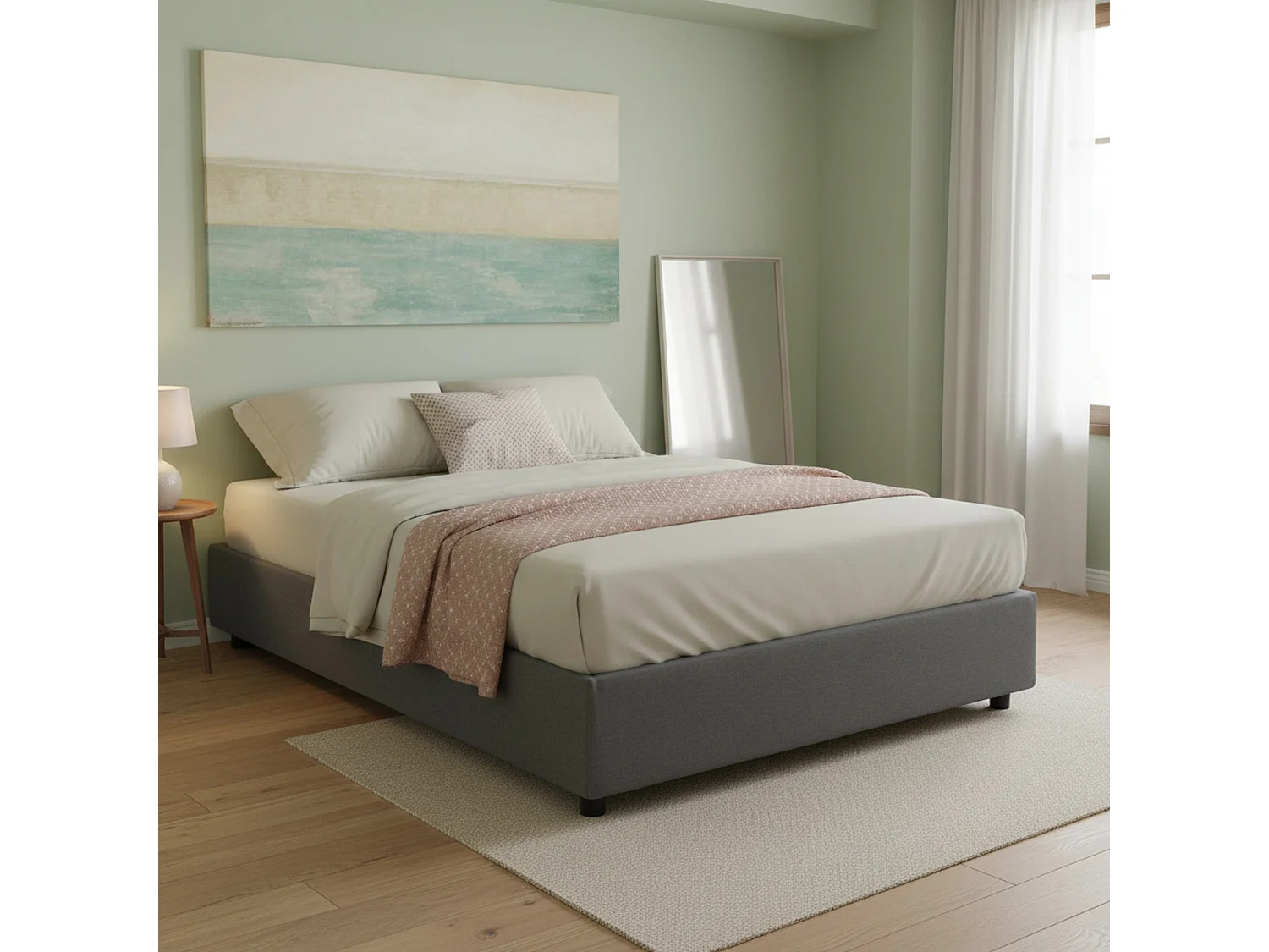 Lit double Azzurra, Lit coffre avec revêtement en tissu, 100% Made in Italy, Ouverture frontale, adapté pour matelas 140x190 cm, Gris