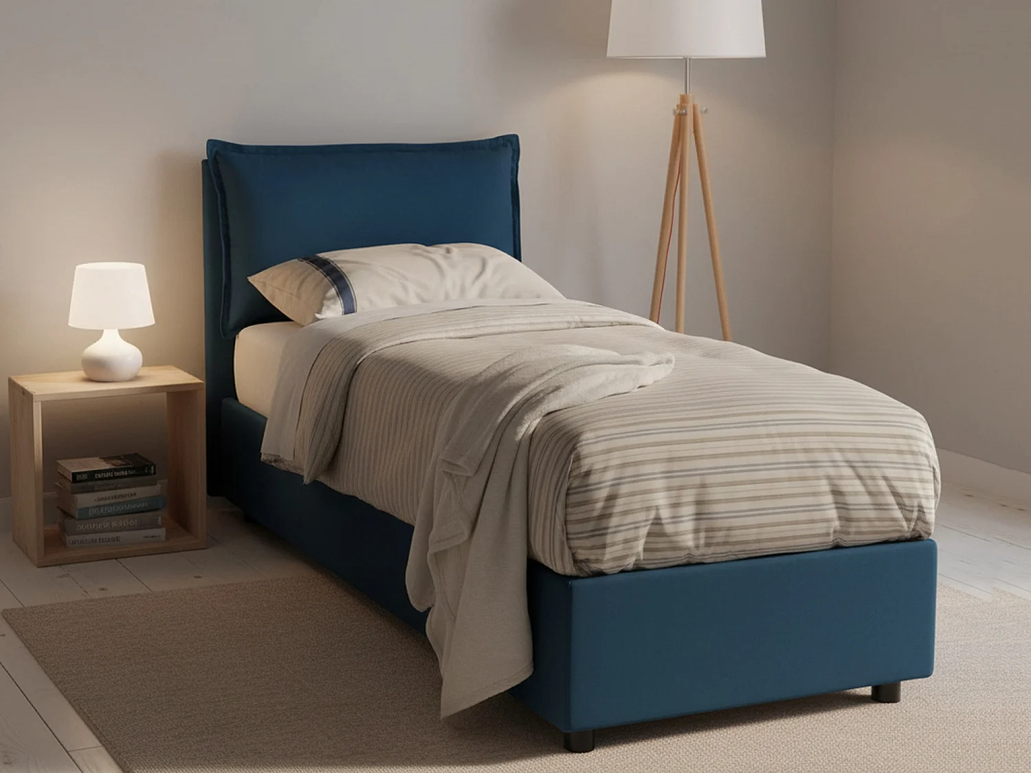 Lit simple Carla, Lit coffre avec revêtement en tissu, 100% Made in Italy, Ouverture frontale, adapté pour matelas 90x200 cm, Bleu