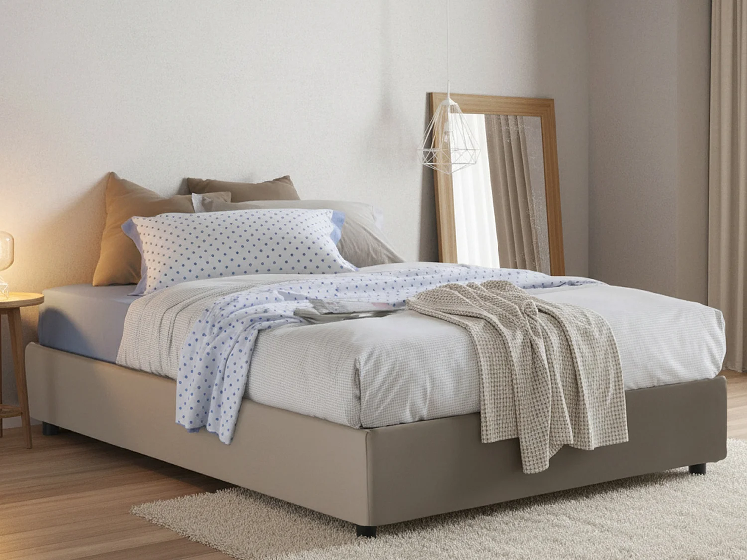 Letto piazza e mezza Bianca, Letto contenitore con rivestimento in ecopelle, 100% Made in Italy, Apertura laterale, adatto per materasso Cm 120x190, Tortora
