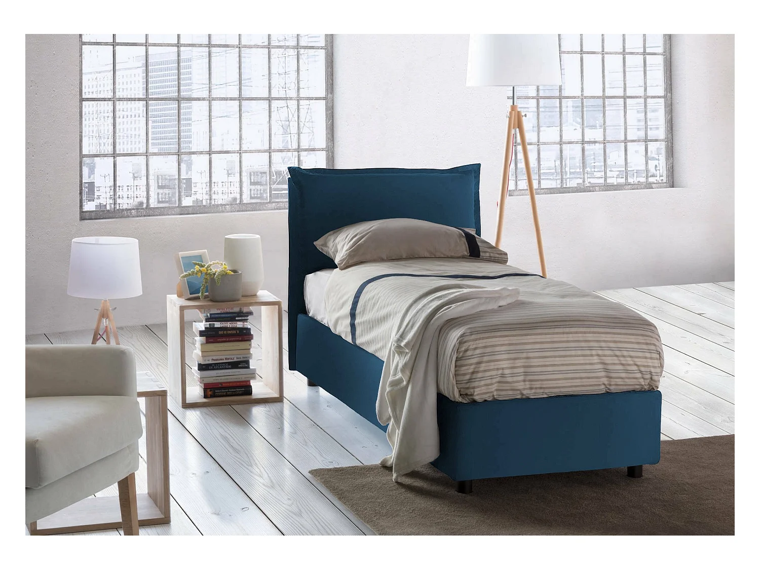 Lit simple Carolina, Lit coffre avec revêtement en tissu, 100% Made in Italy, Ouverture frontale, avec matelas 80x190 cm inclus, Bleu