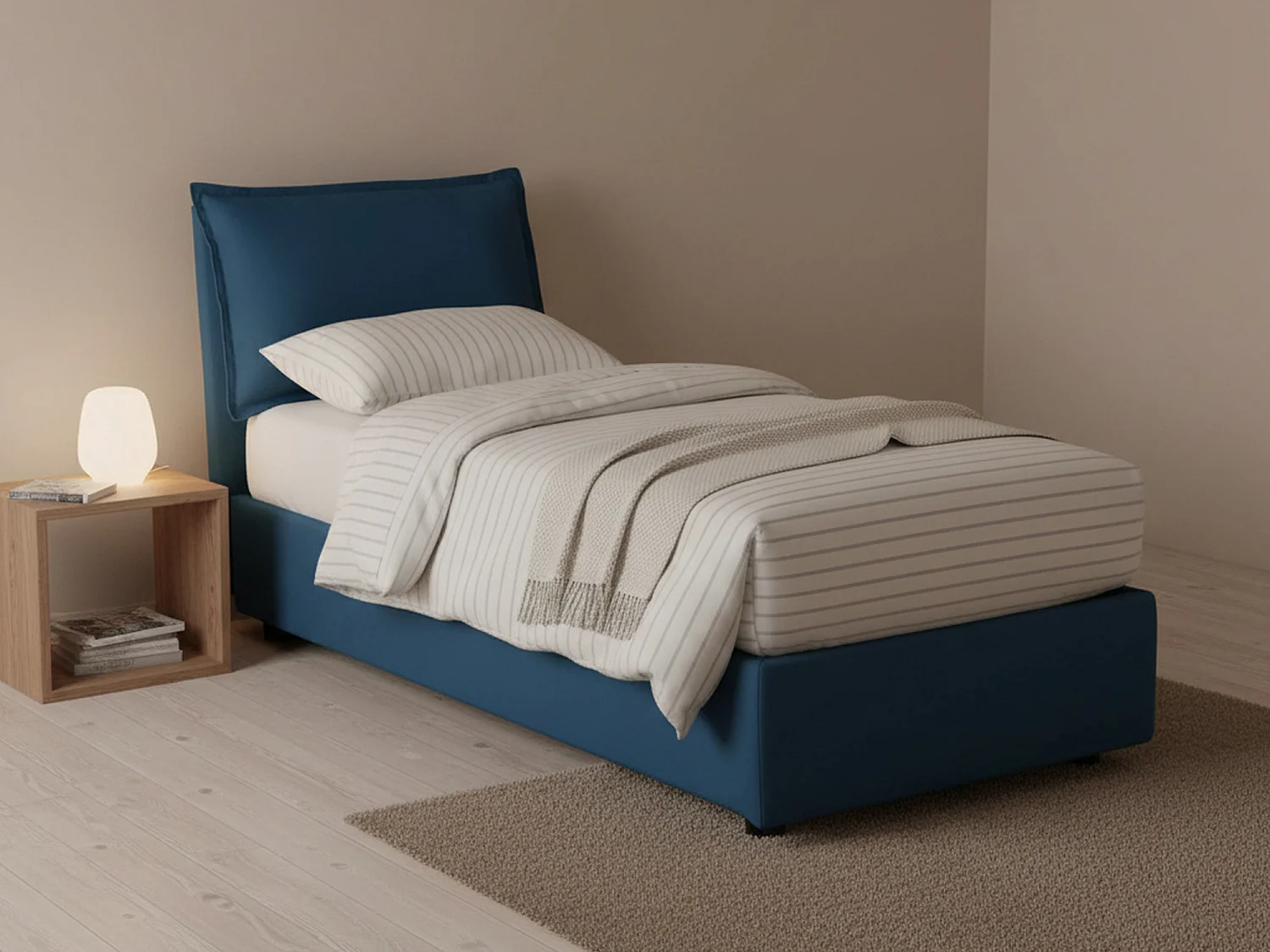 Cama de solteiro Carolina, Cama arrumação com forro de tecido, 100% Fabricado na Itália, Abertura frontal, com colchão 80x190 cm incluído, Azul