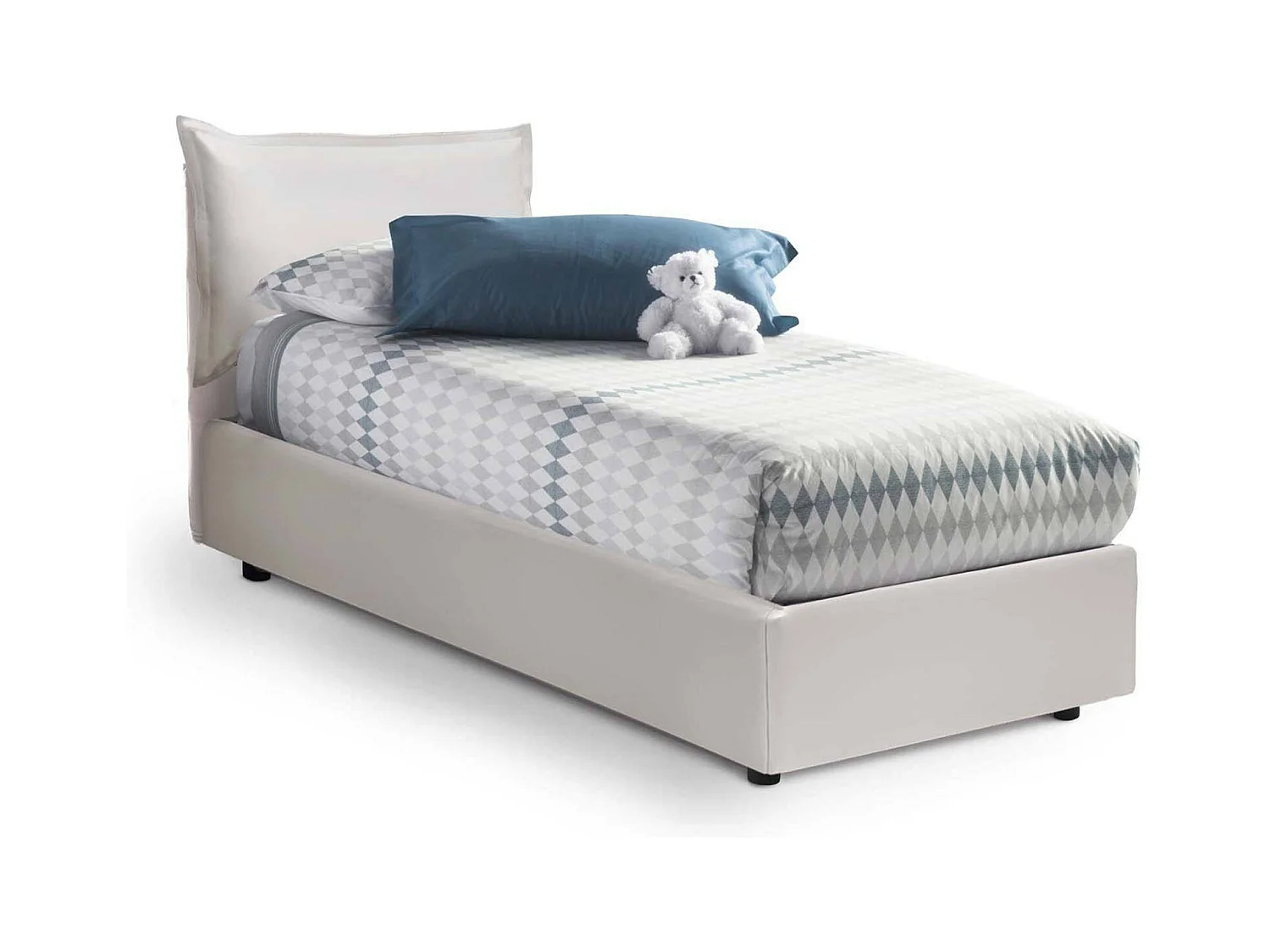 Lit simple Livia, Lit coffre avec revêtement en éco-cuir, 100% Made in Italy, Ouverture latérale, adapté pour matelas 80x190 cm, Blanc