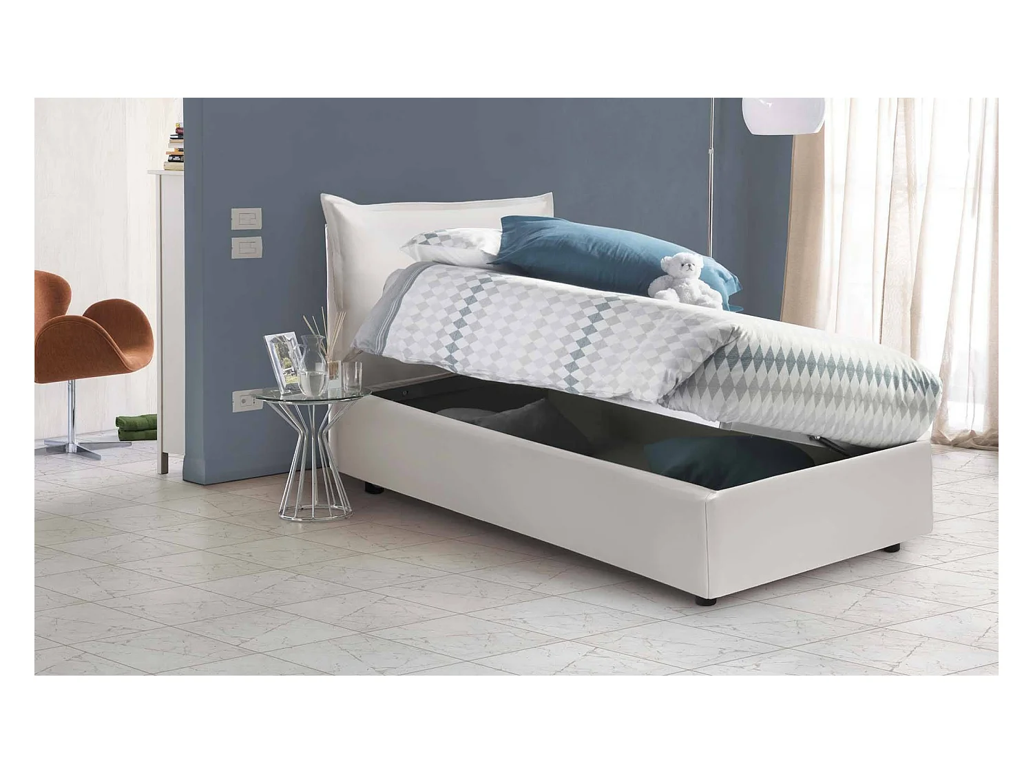 Livia eenpersoonsbed, Opbergbed met eco-lederen bekleding, 100% Made in Italy, Zijopening, geschikt voor matras 80x190 cm, Wit