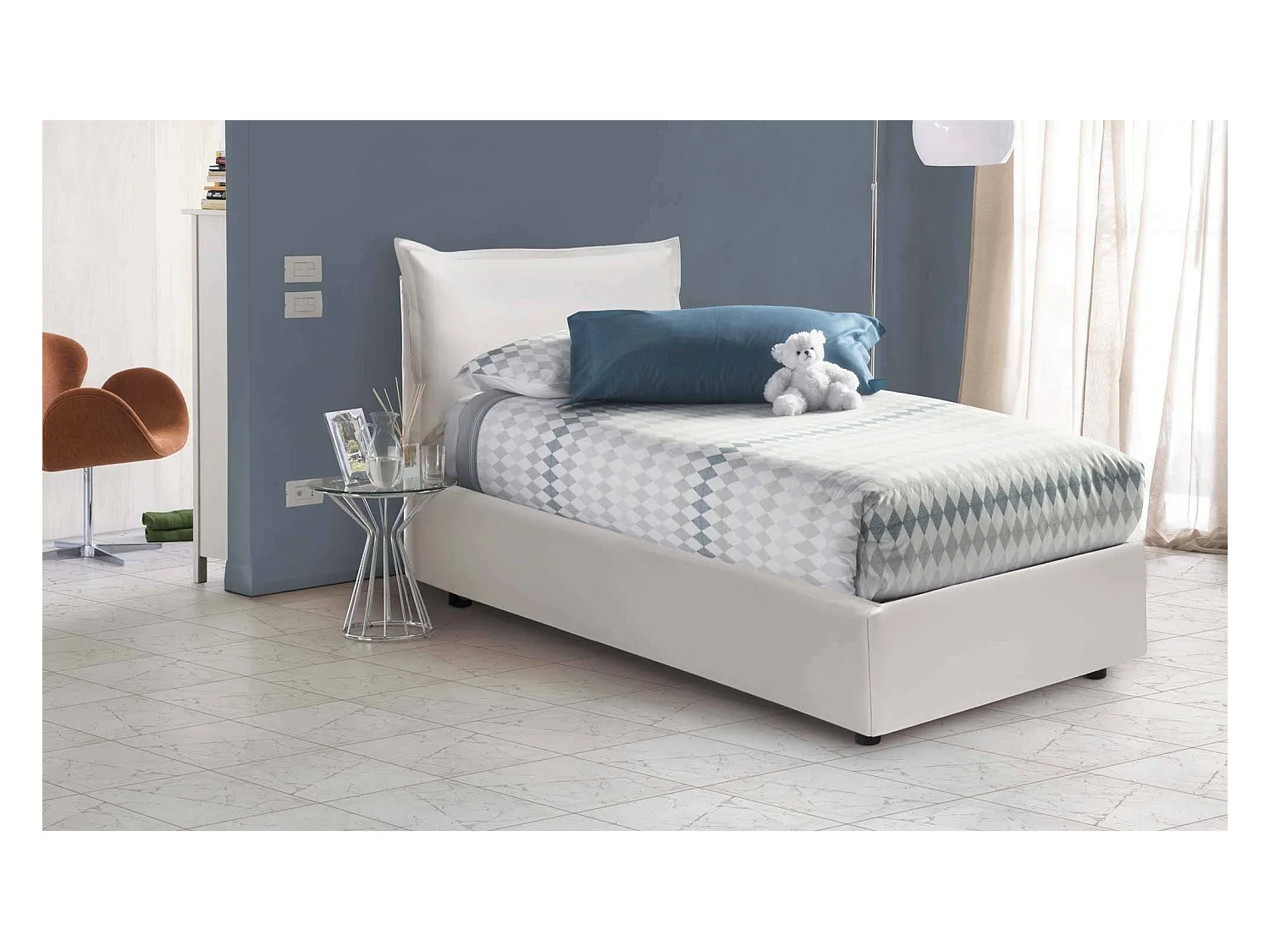 Livia eenpersoonsbed, Opbergbed met eco-lederen bekleding, 100% Made in Italy, Zijopening, geschikt voor matras 80x190 cm, Wit