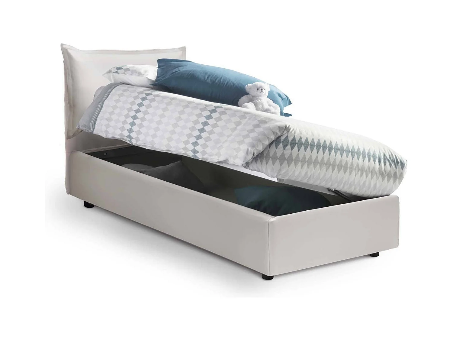 Livia eenpersoonsbed, Opbergbed met eco-lederen bekleding, 100% Made in Italy, Zijopening, geschikt voor matras 80x190 cm, Wit