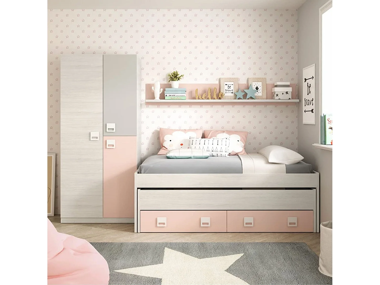 Fairfield eenpersoonsbed, Bedframe voor slaapkamer, Eenpersoonsbed met uitschuifbaar bed en 2 lades en plank, 199x96h65 cm, Wit en Roze