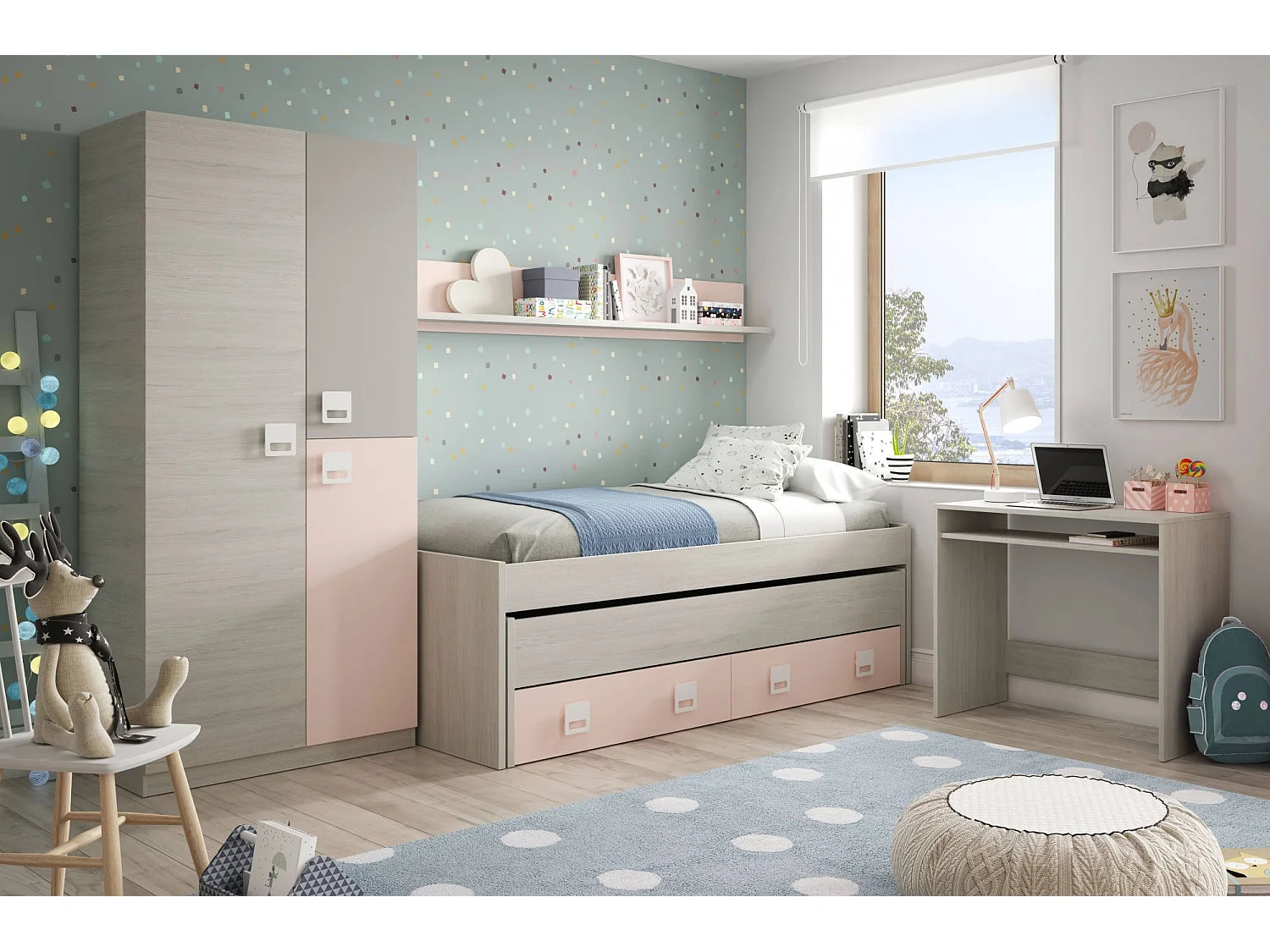 Fairfield eenpersoonsbed, Bedframe voor slaapkamer, Eenpersoonsbed met uitschuifbaar bed en 2 lades en plank, 199x96h65 cm, Wit en Roze