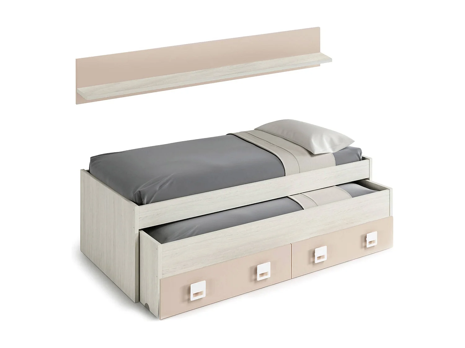 Cama de solteiro Fairfield, Estrutura de cama para quarto, Cama de solteiro com cama extraível e 2 gavetas e prateleira, 199x96h65 cm, Branco e Rosa