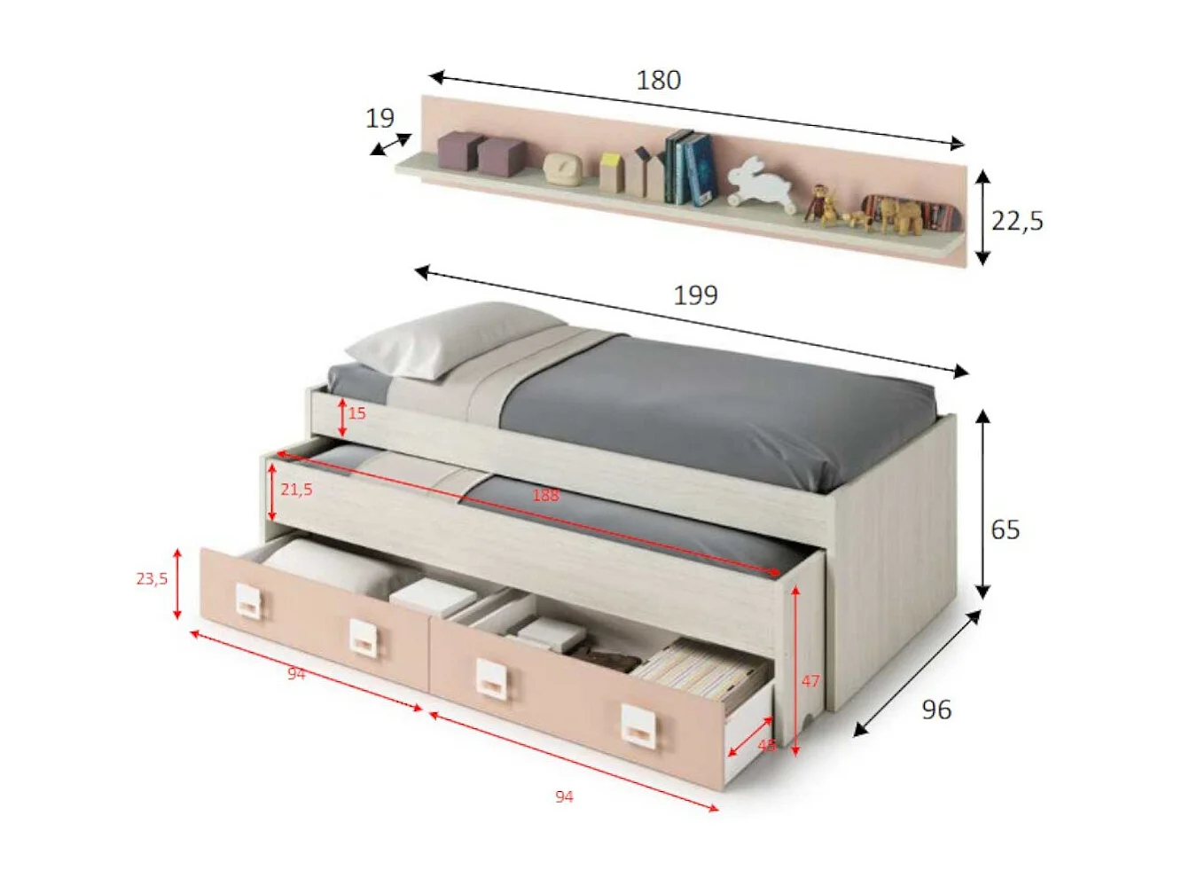 Cama de solteiro Fairfield, Estrutura de cama para quarto, Cama de solteiro com cama extraível e 2 gavetas e prateleira, 199x96h65 cm, Branco e Rosa